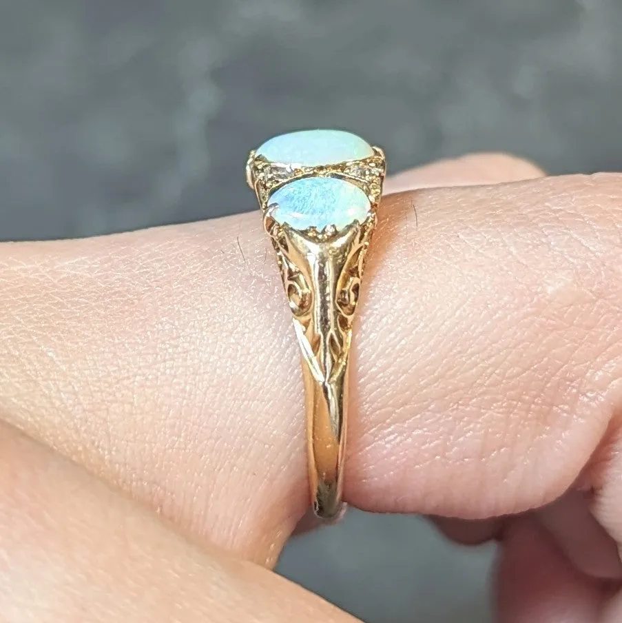 Victorian Opal Diamond 18 Karat Yellow Gold Antique Three Stone Band Ring