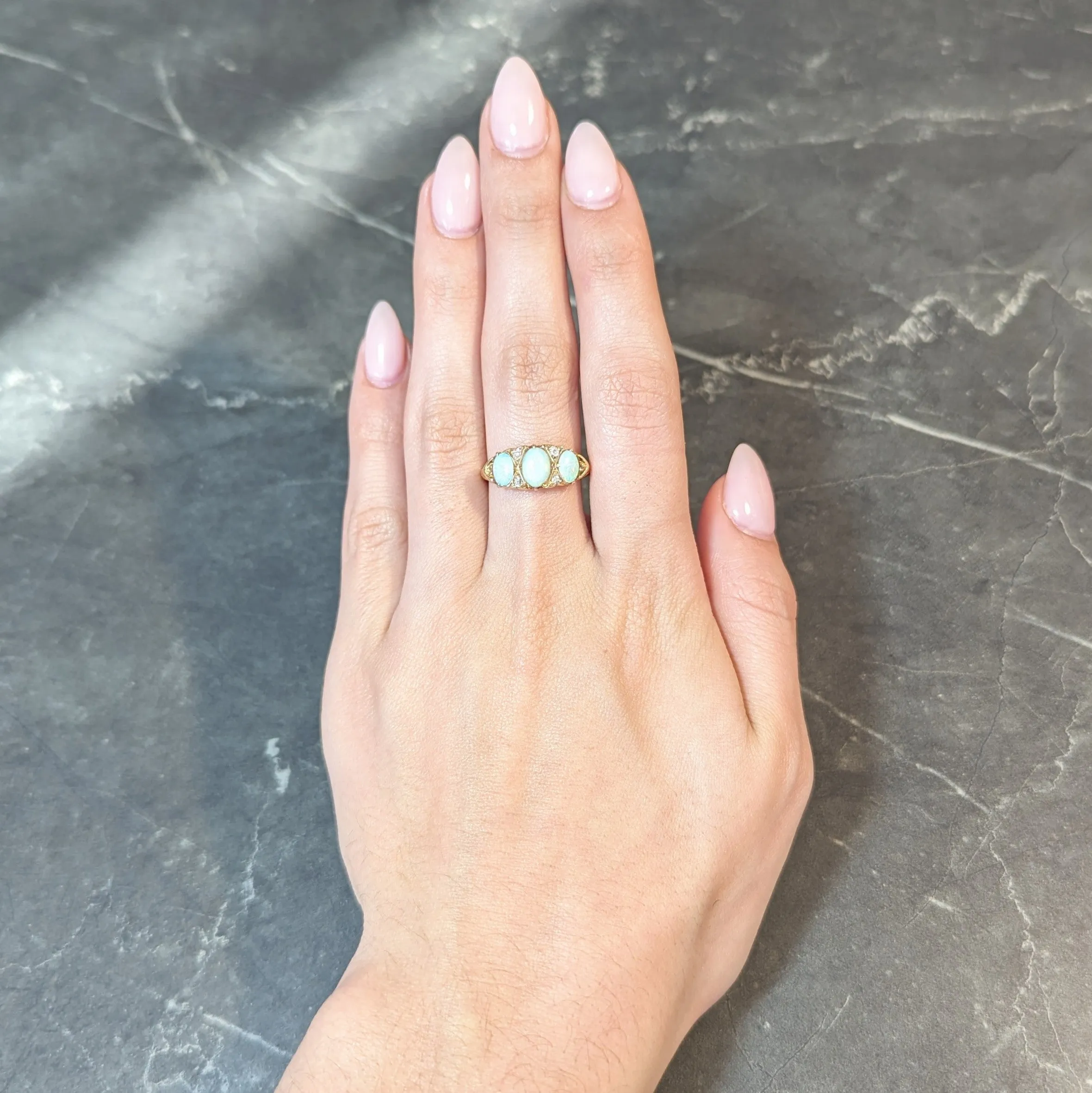 Victorian Opal Diamond 18 Karat Yellow Gold Antique Three Stone Band Ring