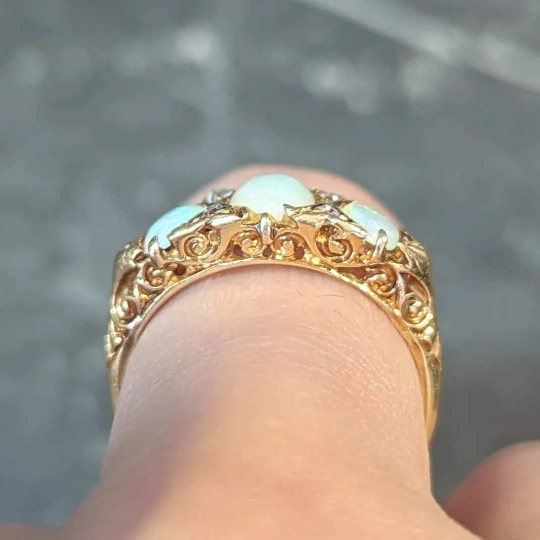 Victorian Opal Diamond 18 Karat Yellow Gold Antique Three Stone Band Ring