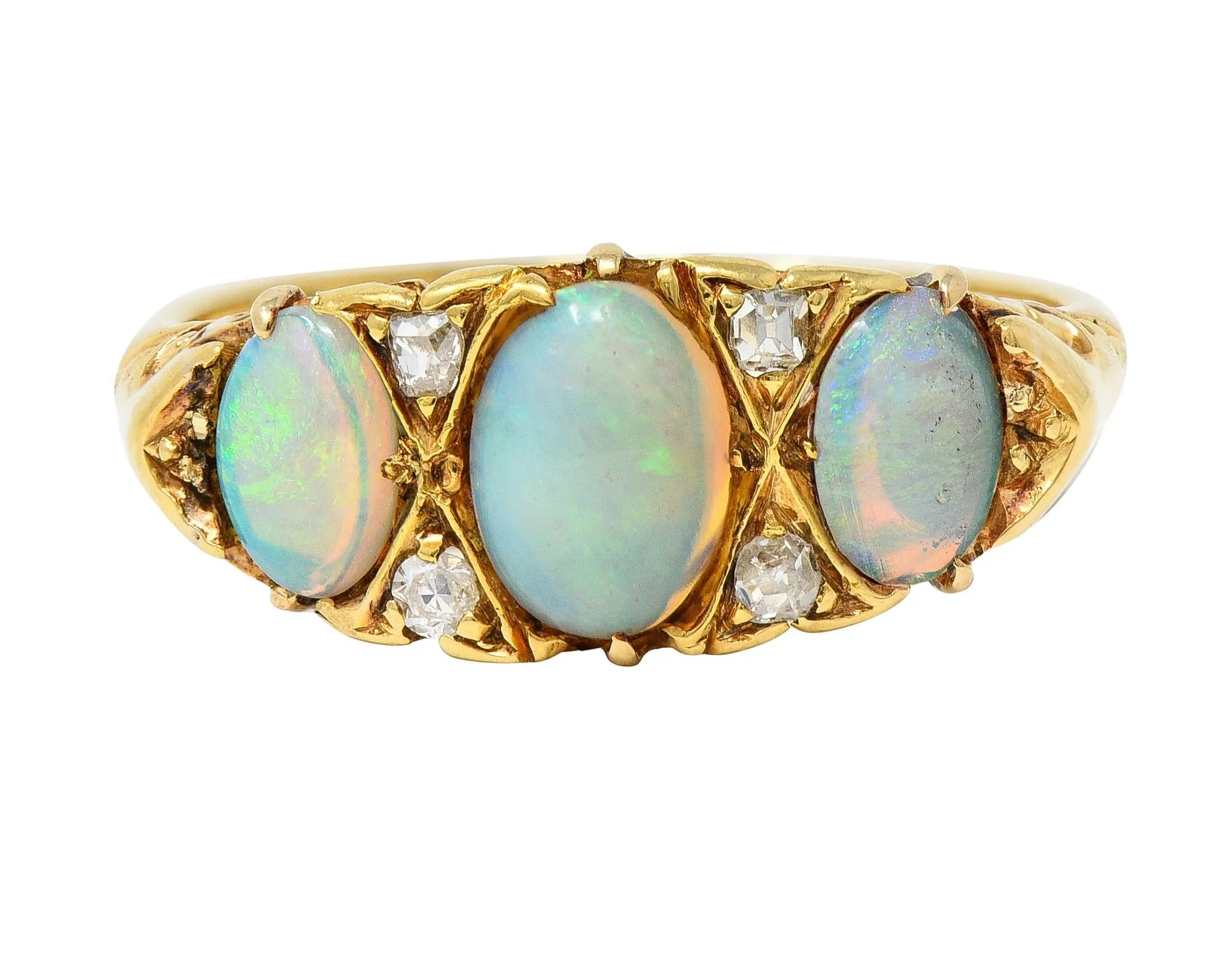 Victorian Opal Diamond 18 Karat Yellow Gold Antique Three Stone Band Ring