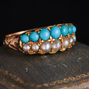 Victorian Persian Turquoise & Pearl Double Row Ring