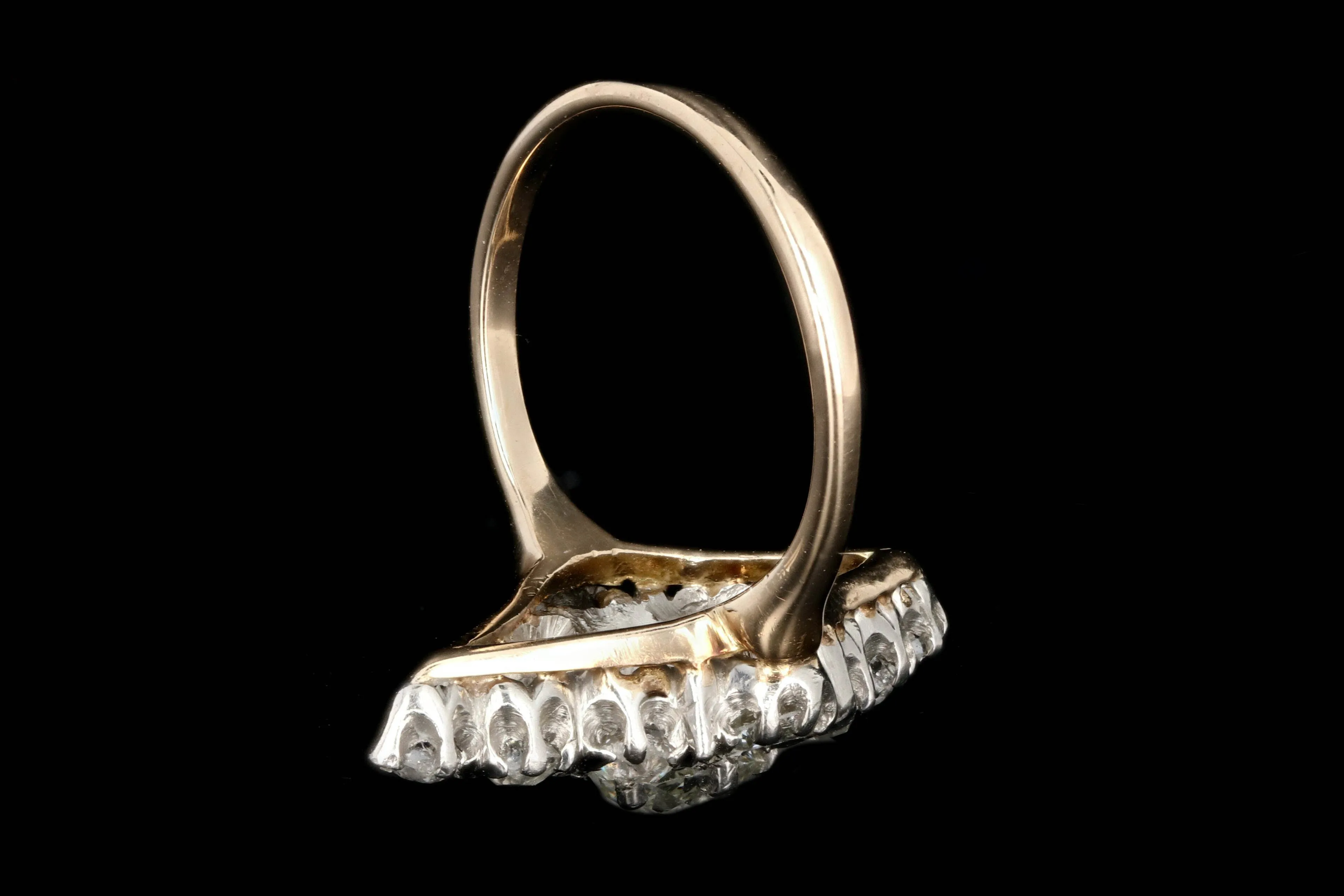 Victorian Platinum and 14K Yellow Gold .60 Carat Old Mine Cut Diamond Navette Ring