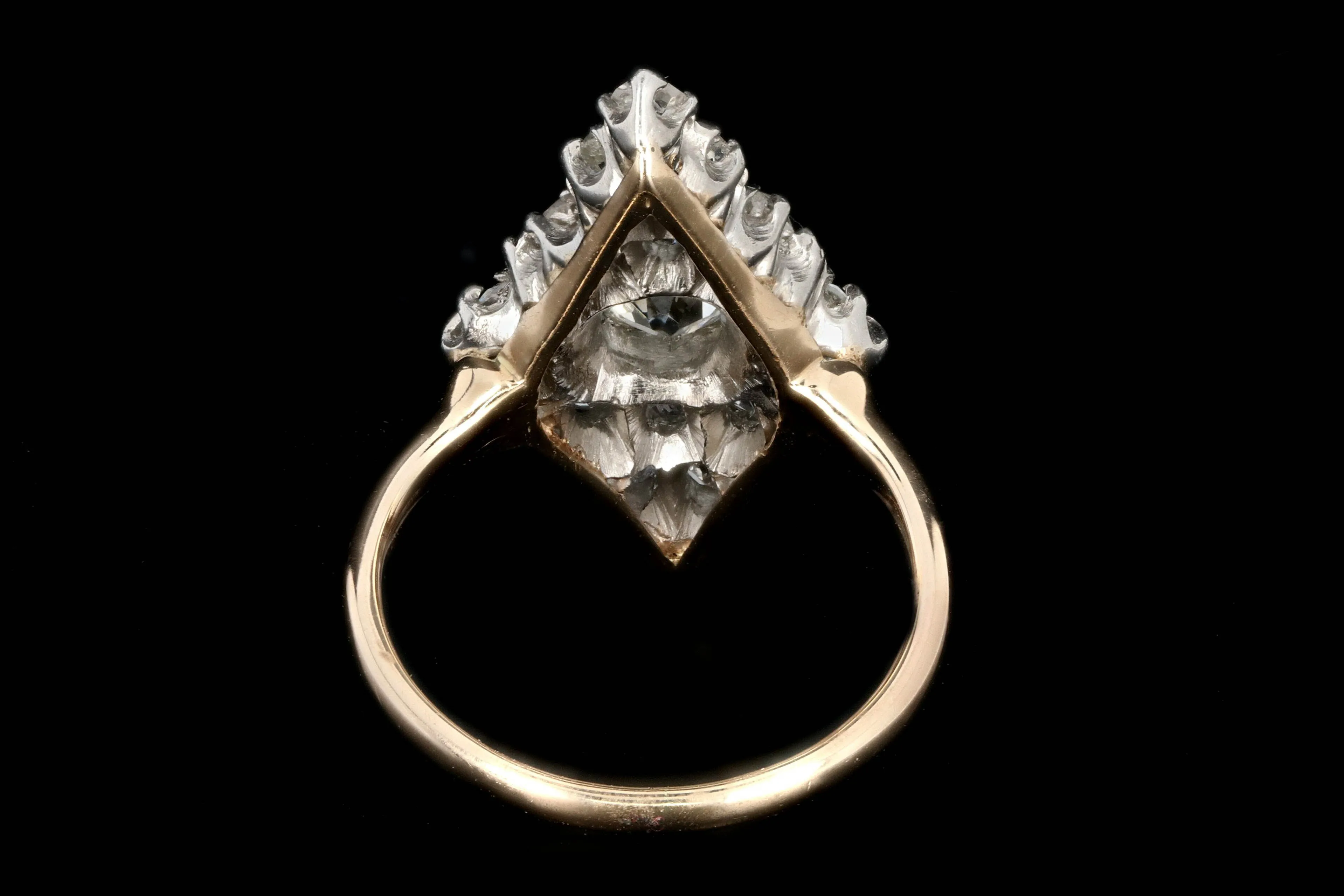 Victorian Platinum and 14K Yellow Gold .60 Carat Old Mine Cut Diamond Navette Ring