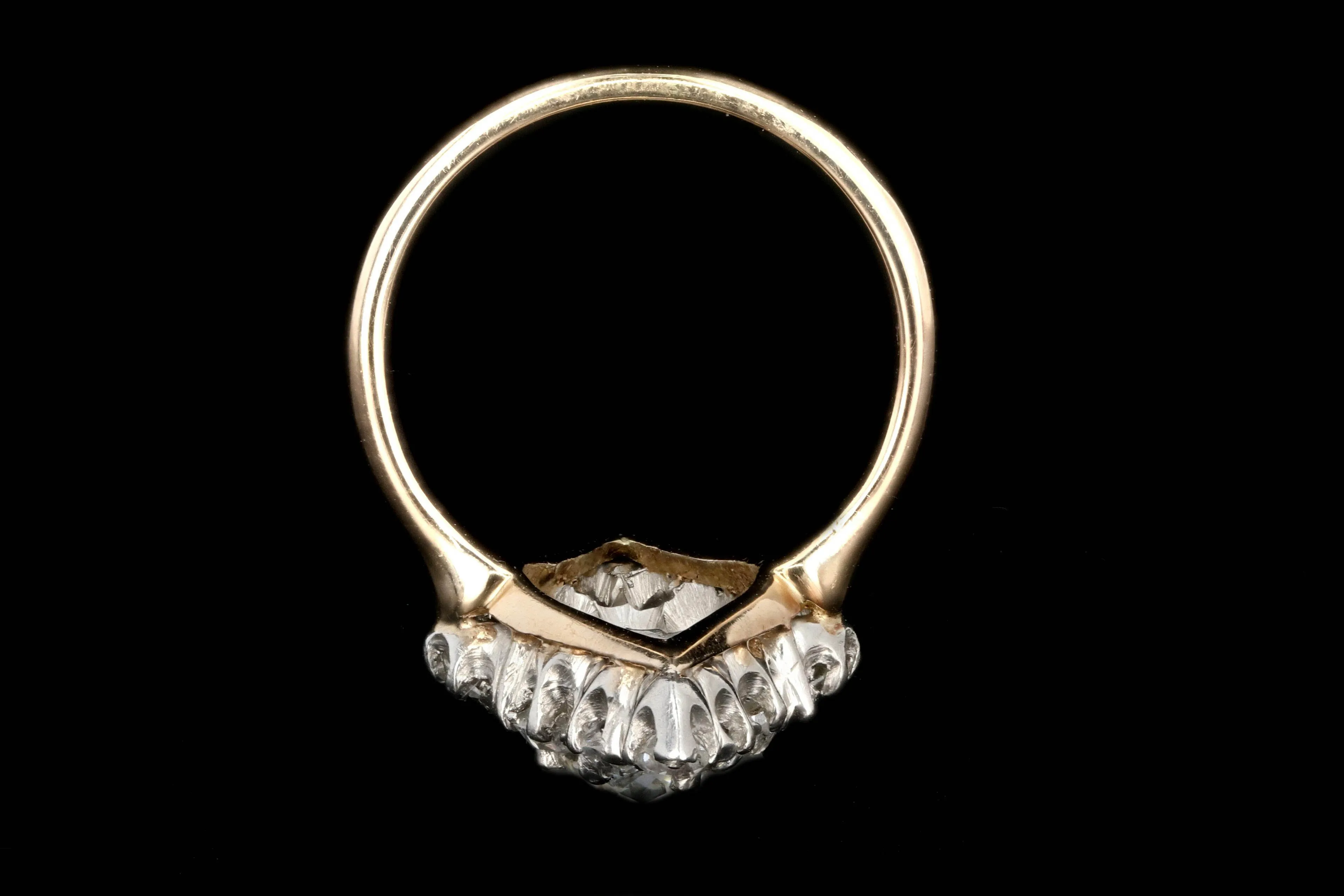 Victorian Platinum and 14K Yellow Gold .60 Carat Old Mine Cut Diamond Navette Ring