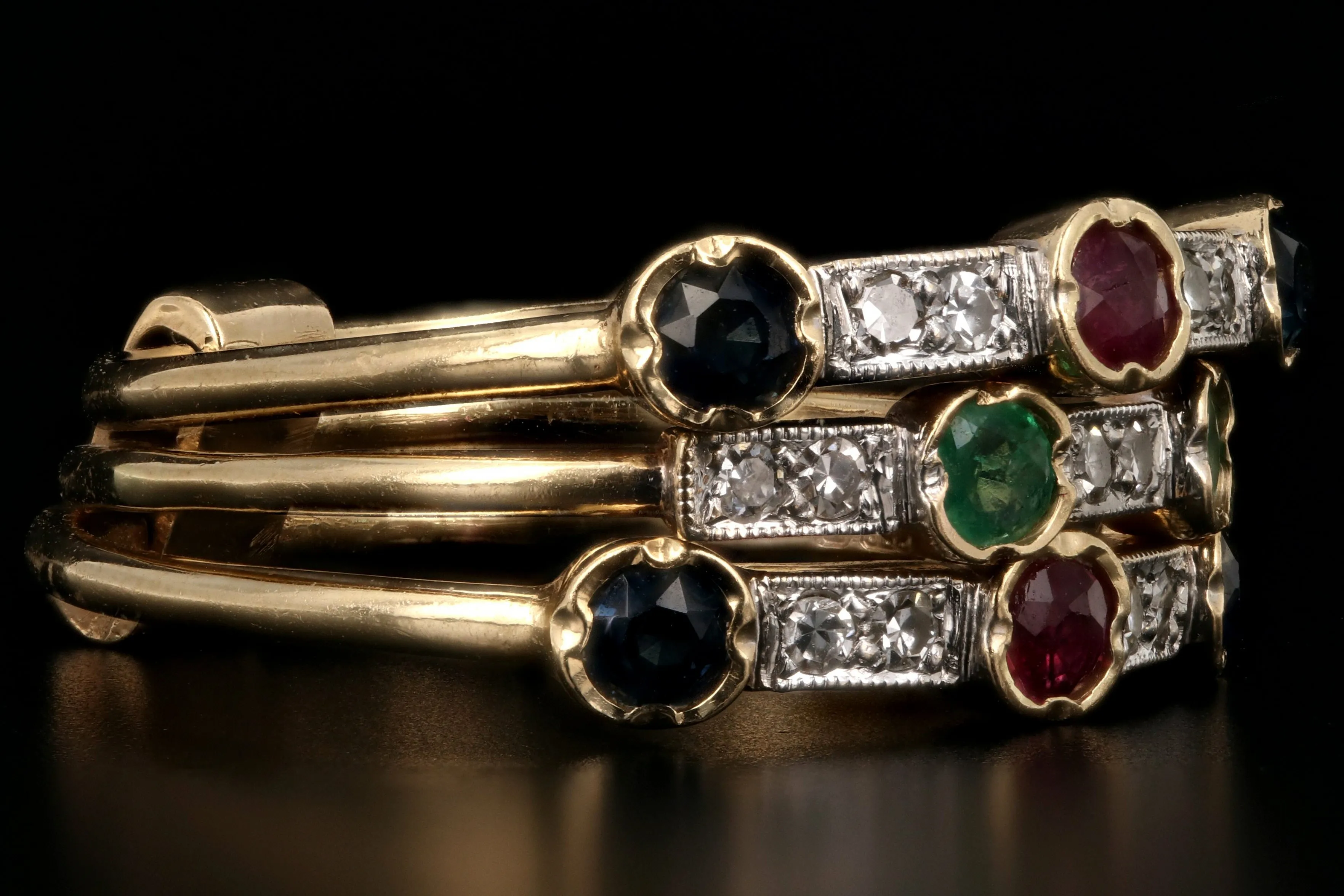 Victorian Revival 14K Yellow Gold Diamond Ruby Emerald Sapphire Harem Ring