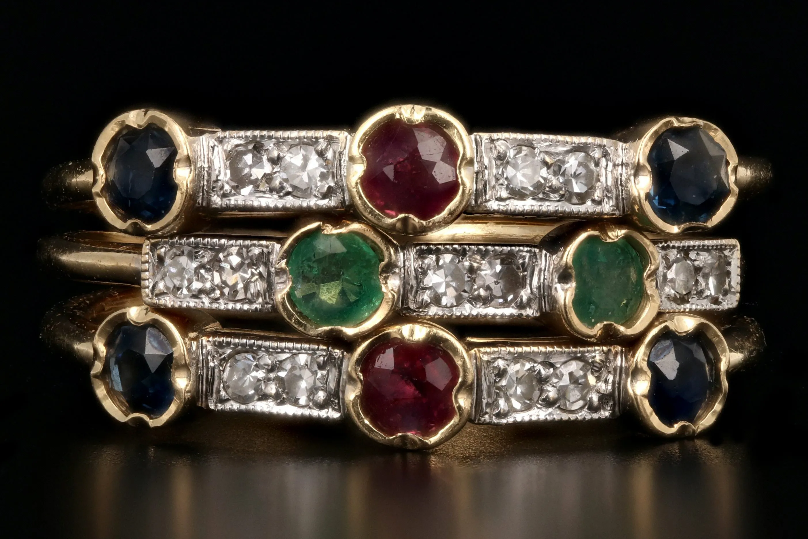 Victorian Revival 14K Yellow Gold Diamond Ruby Emerald Sapphire Harem Ring