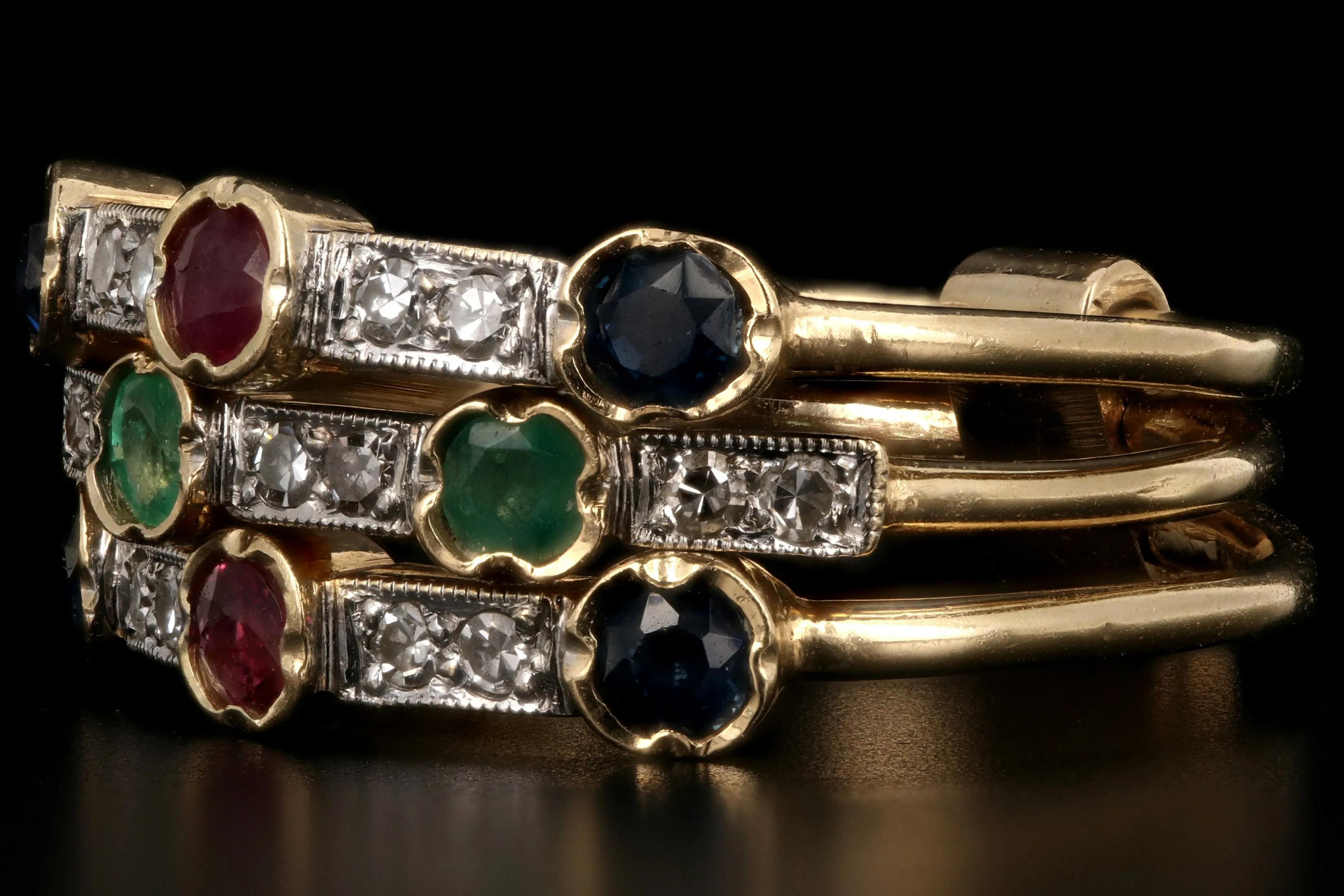 Victorian Revival 14K Yellow Gold Diamond Ruby Emerald Sapphire Harem Ring