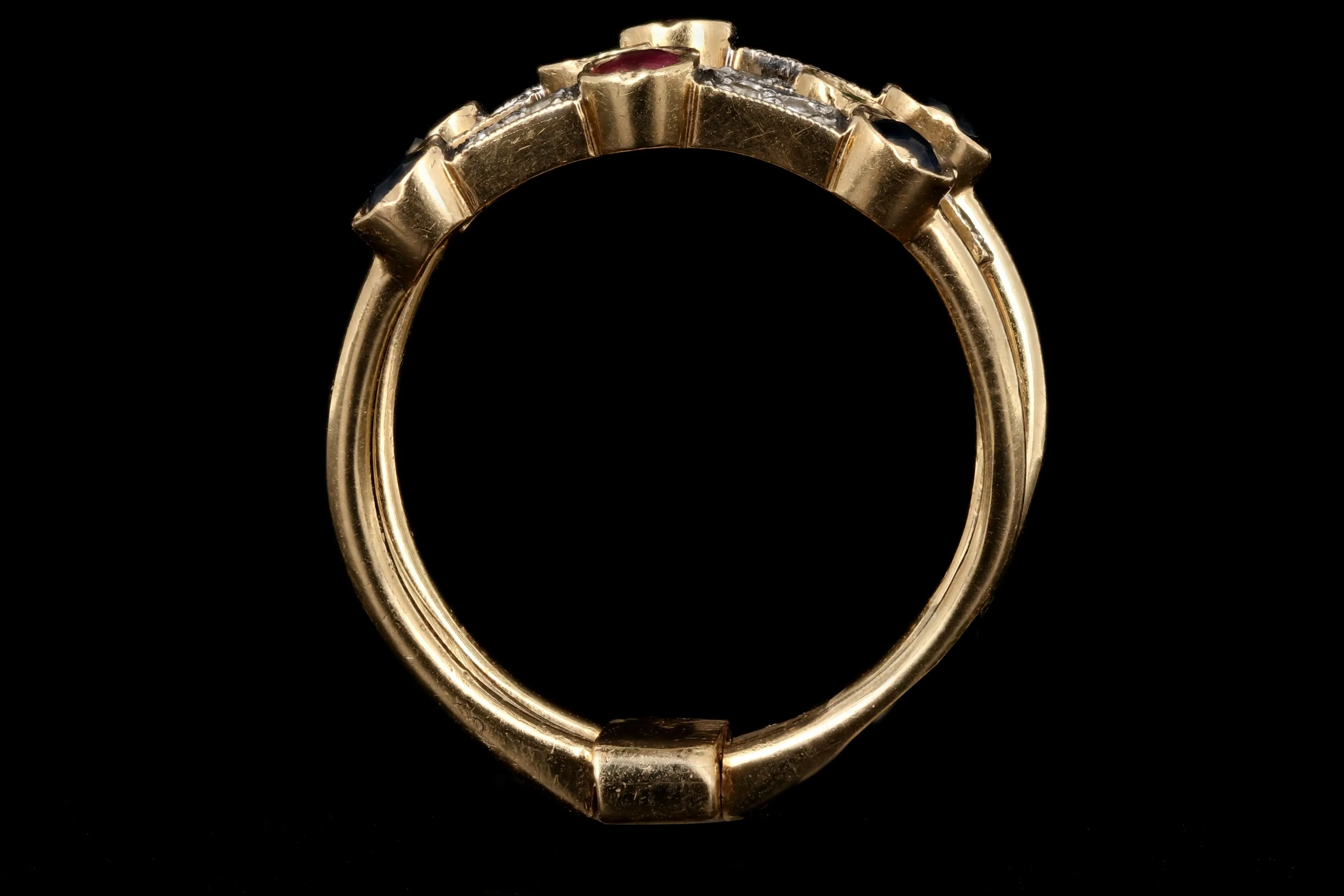 Victorian Revival 14K Yellow Gold Diamond Ruby Emerald Sapphire Harem Ring