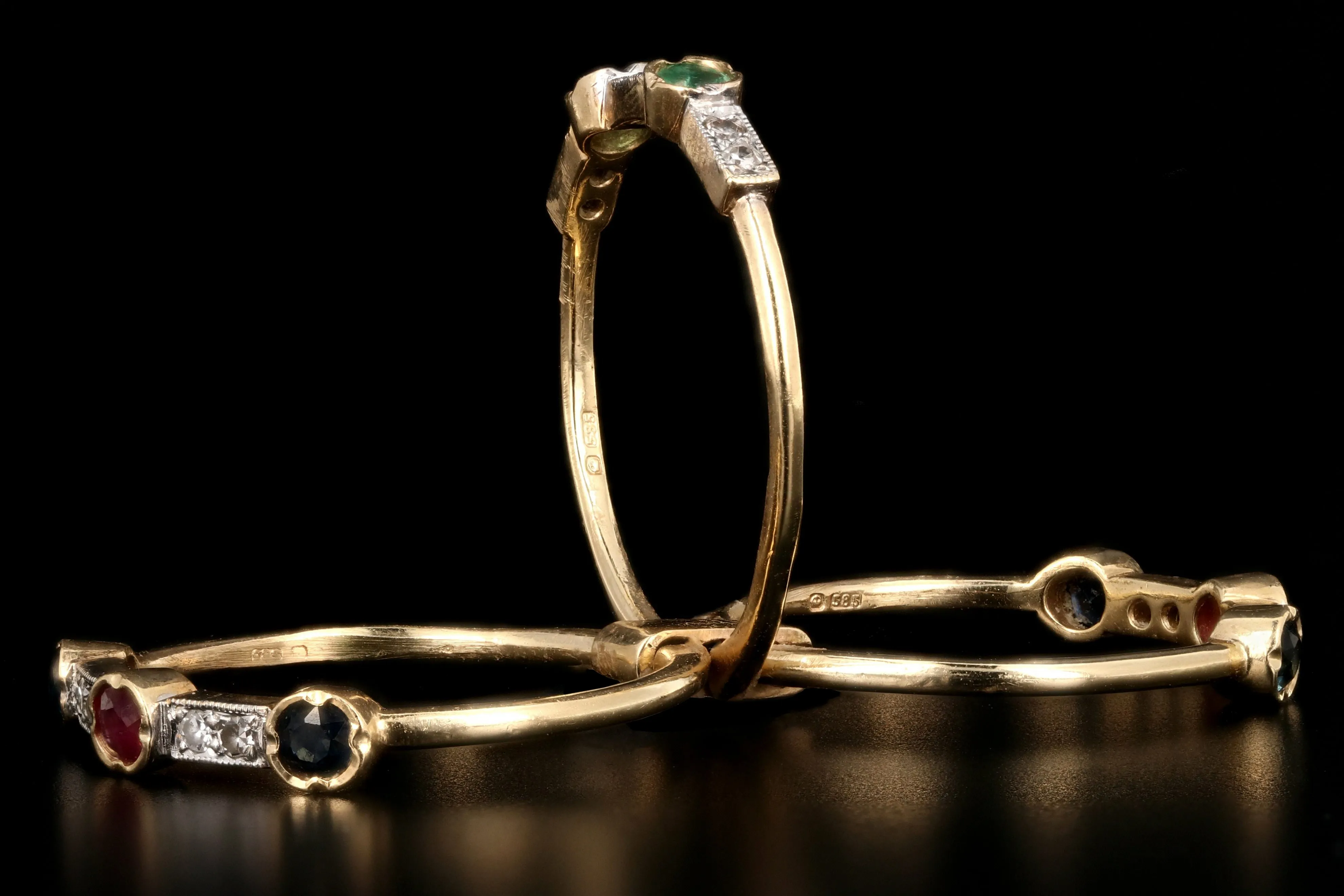 Victorian Revival 14K Yellow Gold Diamond Ruby Emerald Sapphire Harem Ring