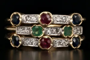 Victorian Revival 14K Yellow Gold Diamond Ruby Emerald Sapphire Harem Ring