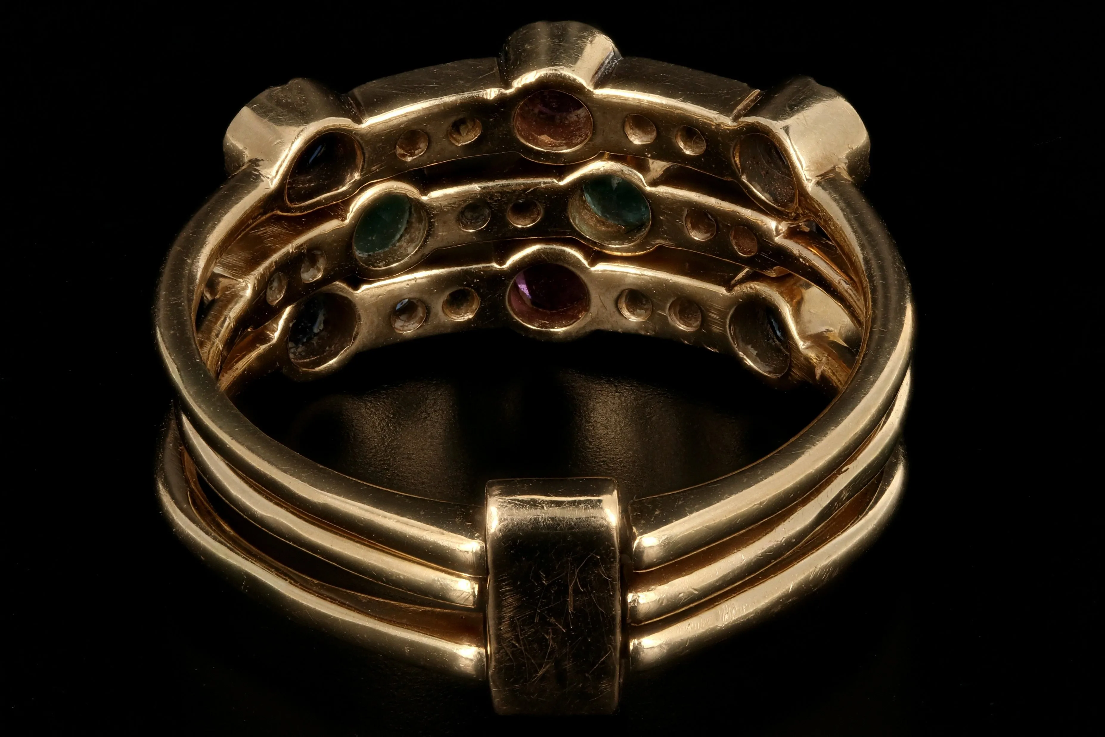 Victorian Revival 14K Yellow Gold Diamond Ruby Emerald Sapphire Harem Ring