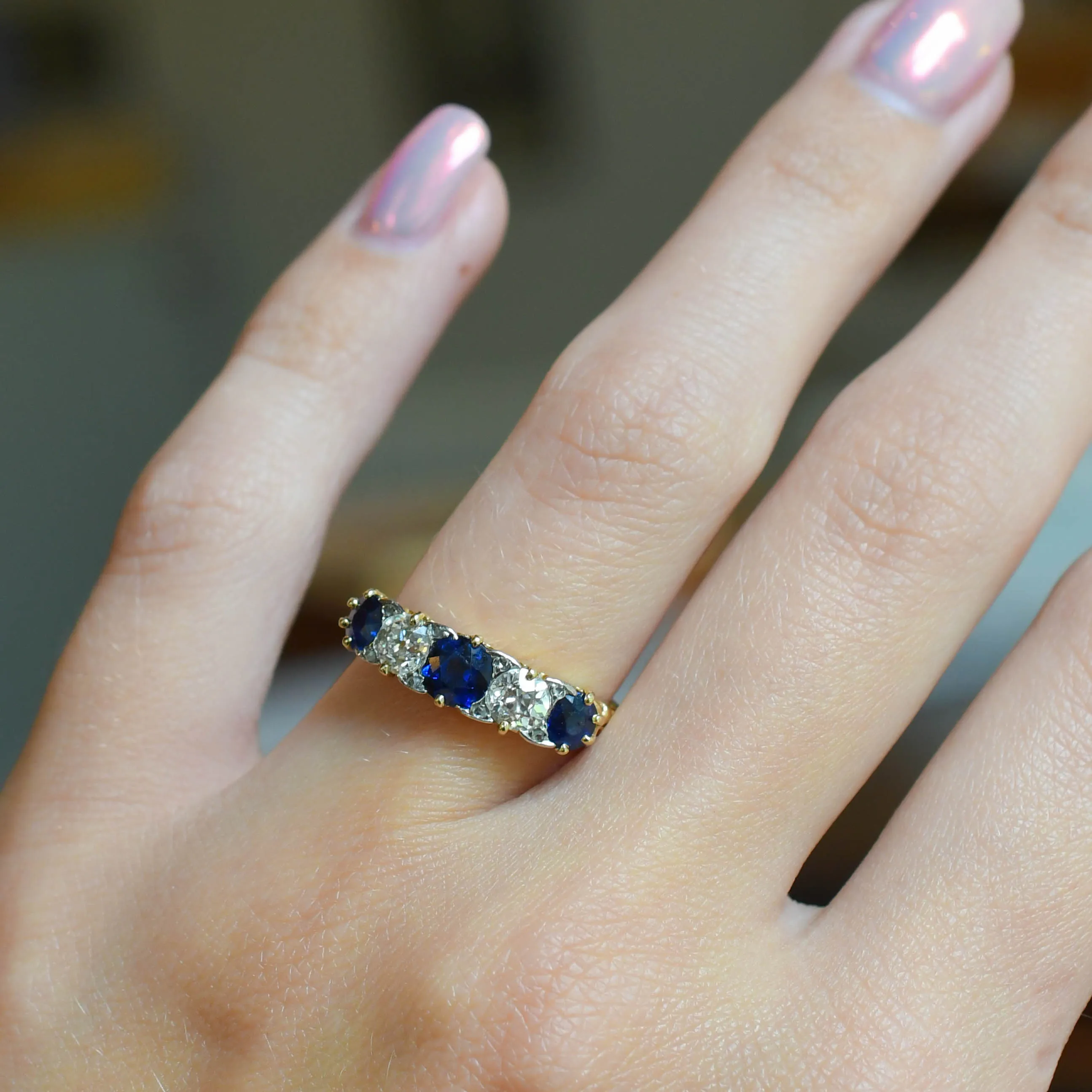 Victorian Sapphire & Diamond 5-Stone Half Hoop Ring