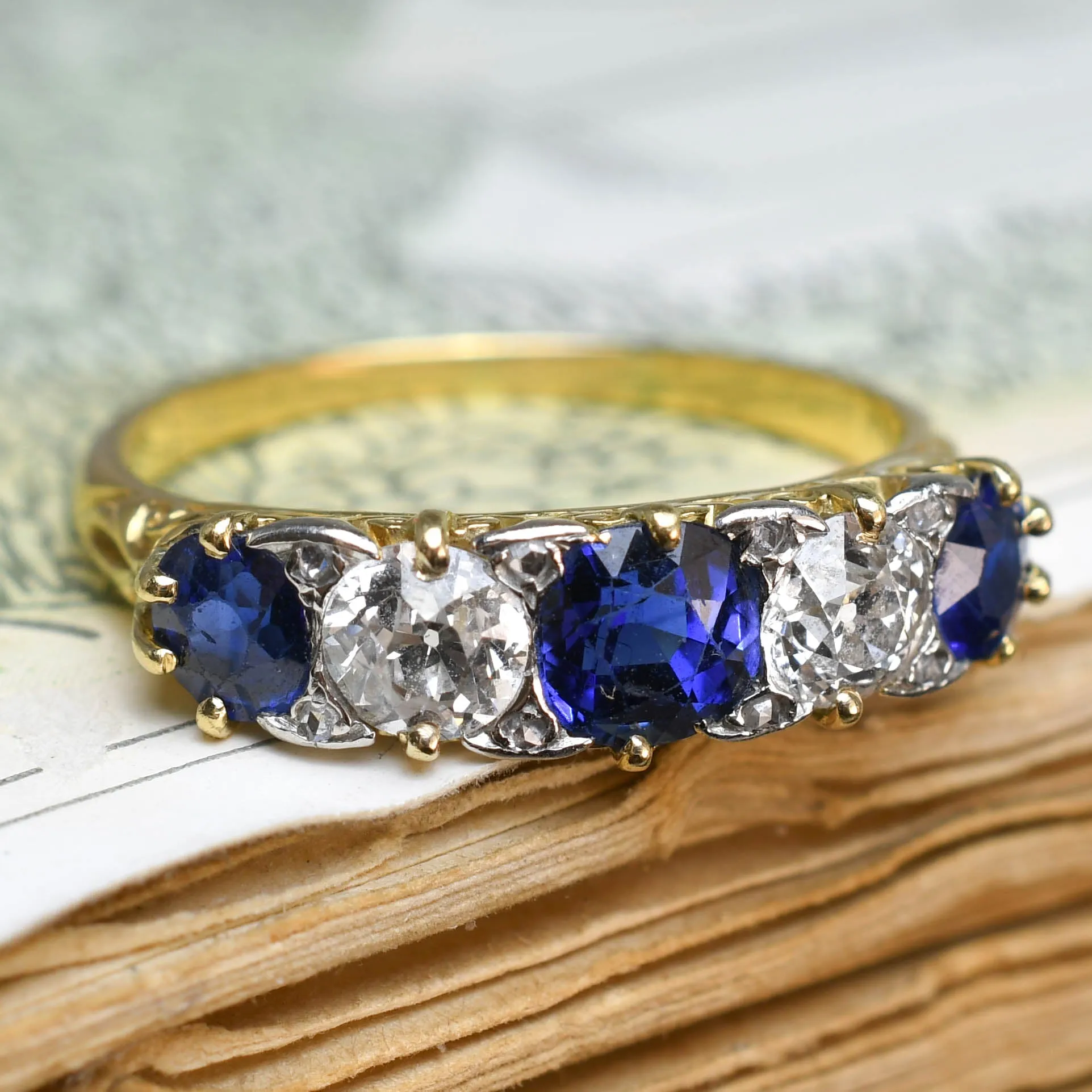 Victorian Sapphire & Diamond 5-Stone Half Hoop Ring