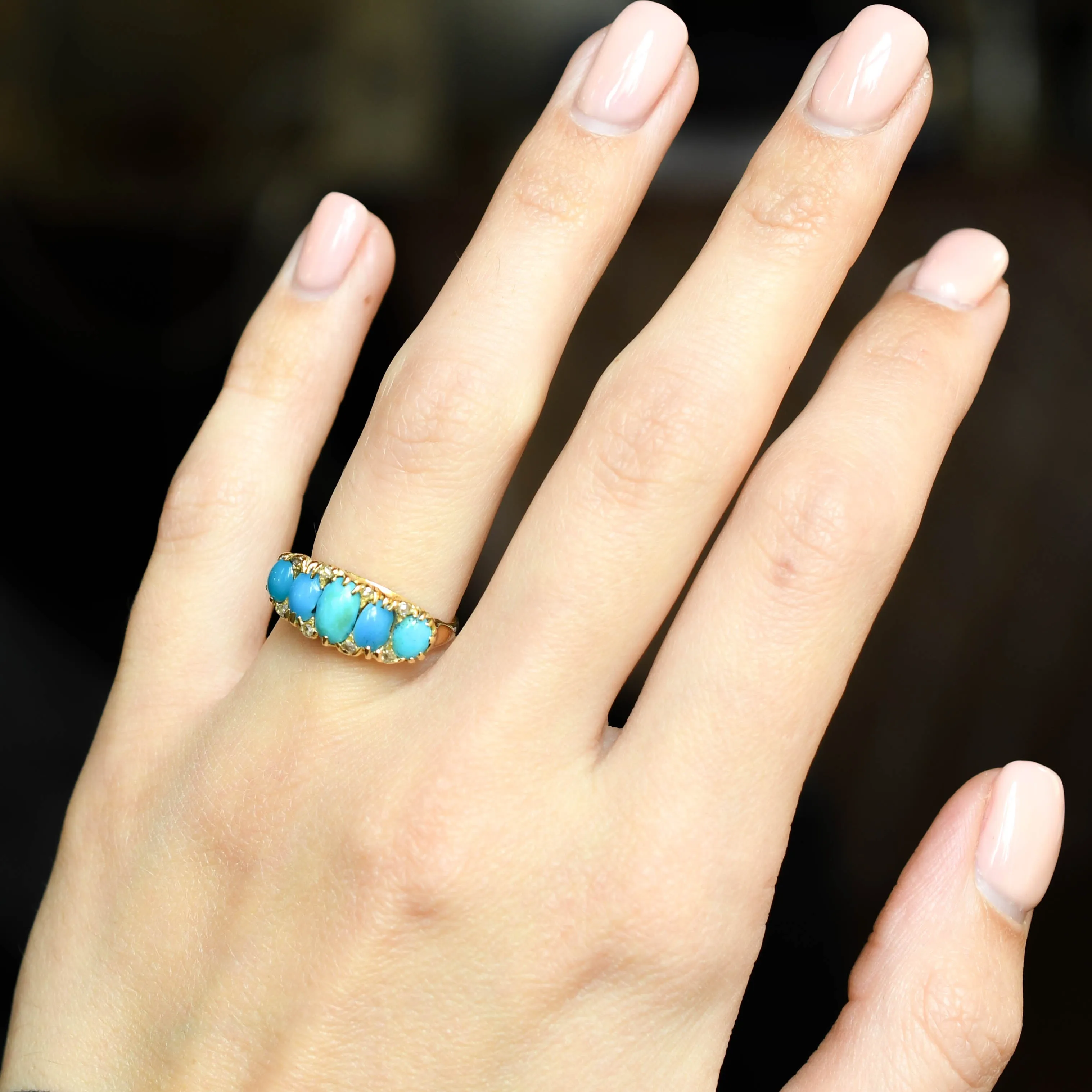 Victorian Turquoise & Diamond 5-Stone Half Hoop Ring