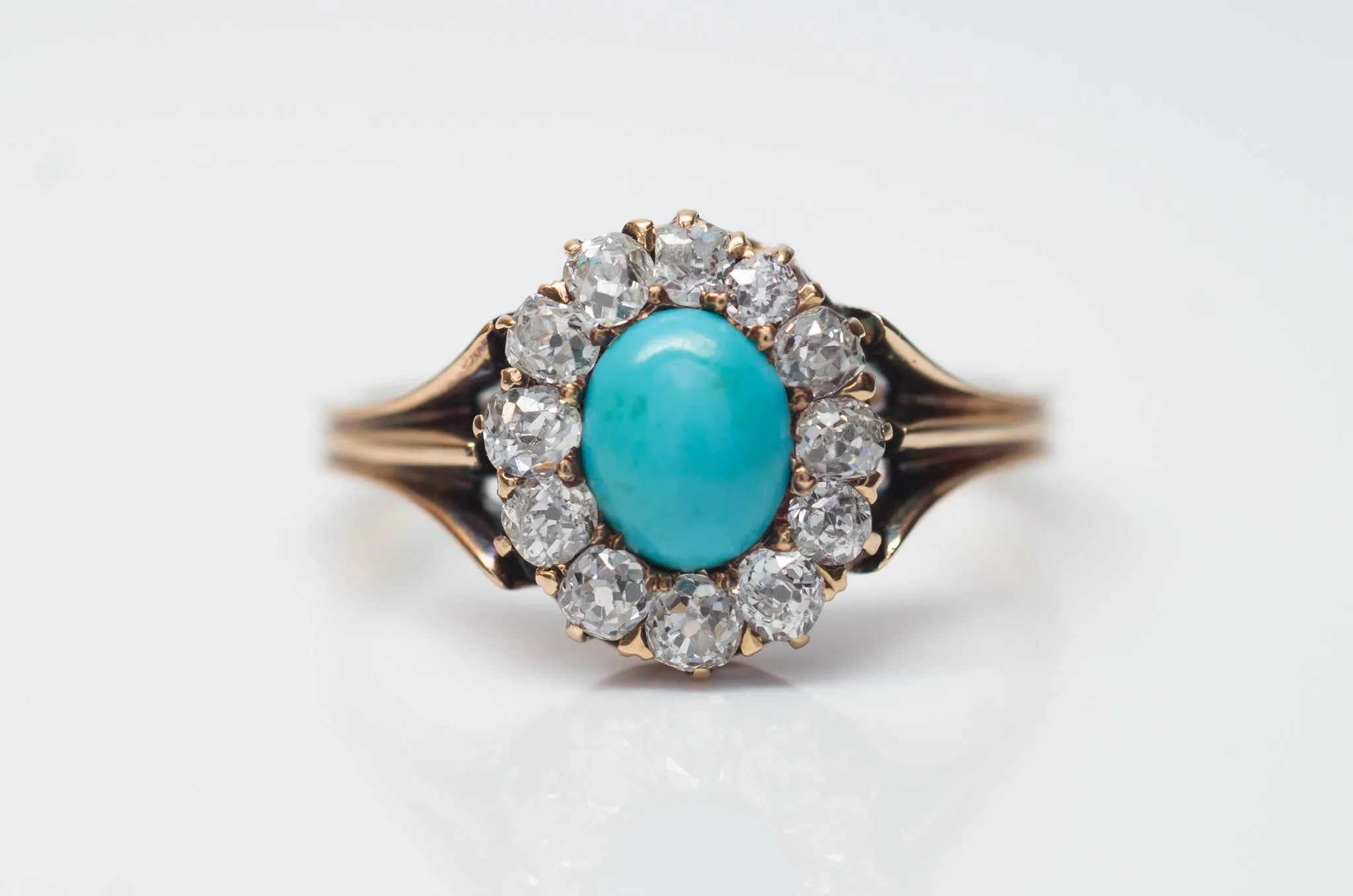 VICTORIAN TURQUOISE AND OLD MINE CUT DIAMOND HALO RING