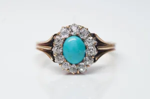 VICTORIAN TURQUOISE AND OLD MINE CUT DIAMOND HALO RING