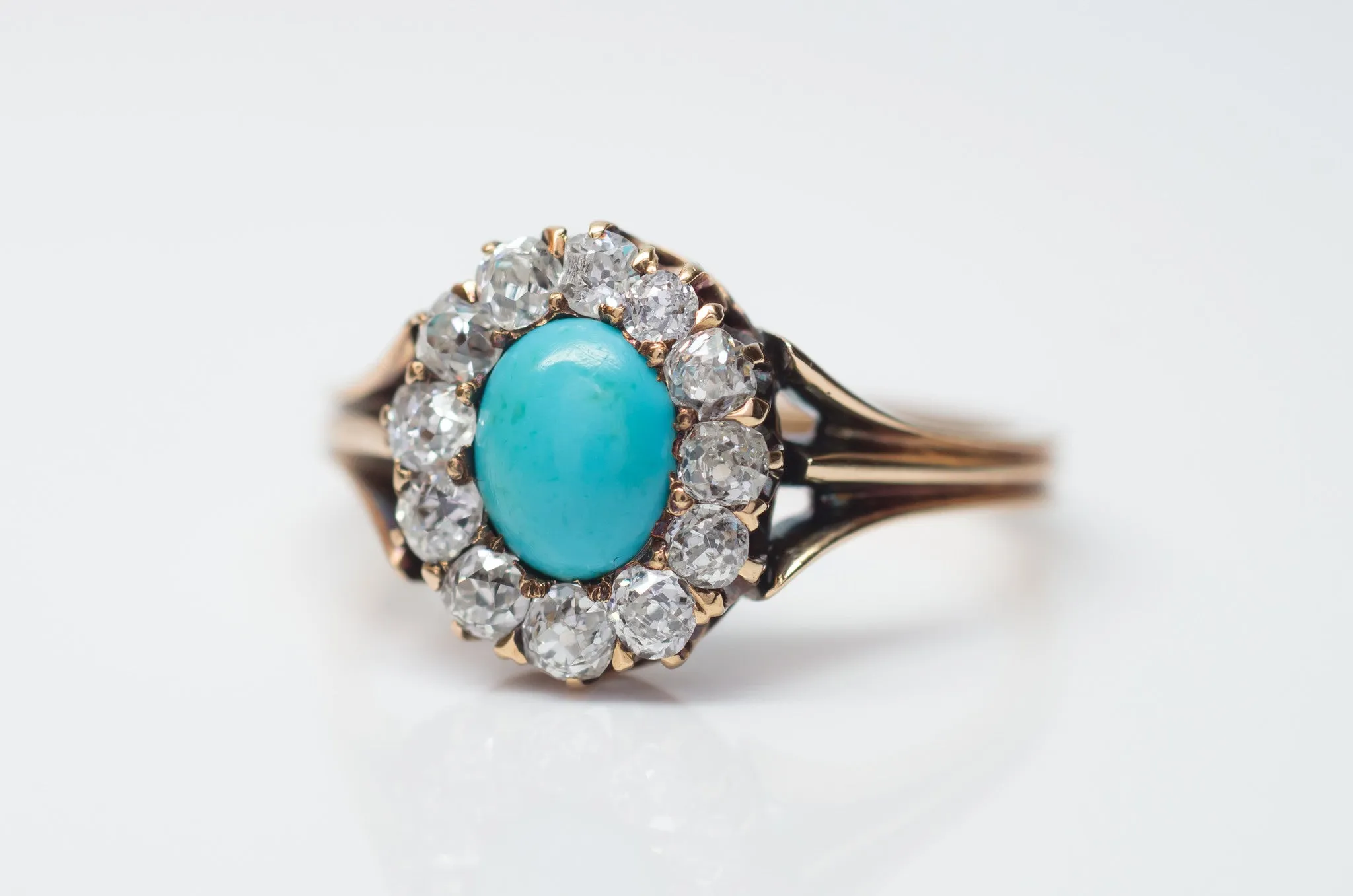 VICTORIAN TURQUOISE AND OLD MINE CUT DIAMOND HALO RING