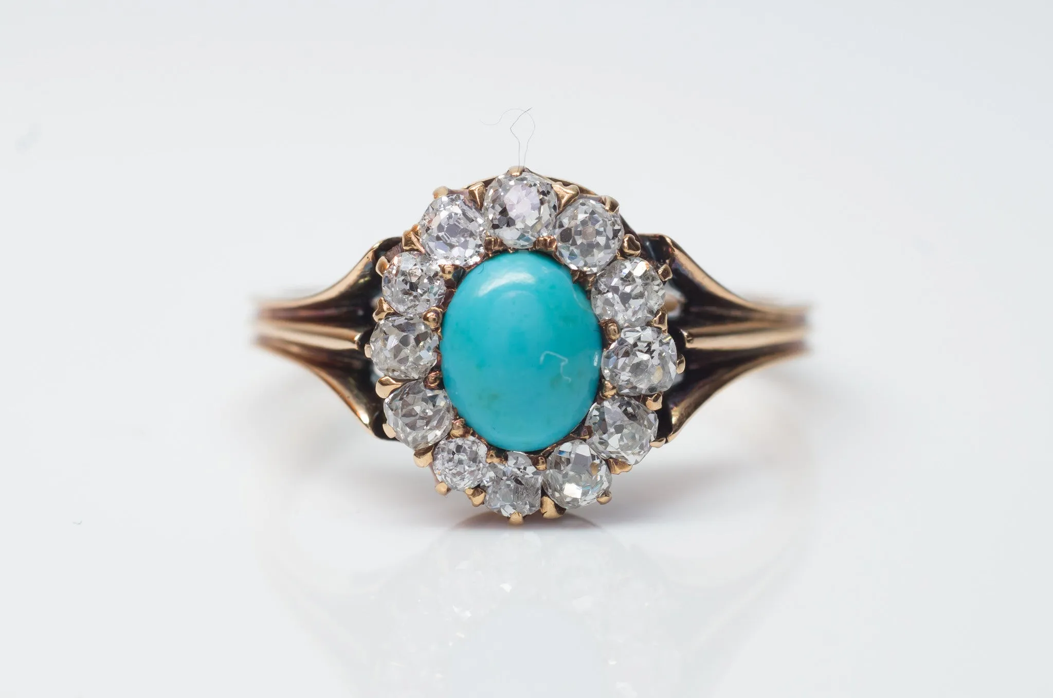 VICTORIAN TURQUOISE AND OLD MINE CUT DIAMOND HALO RING