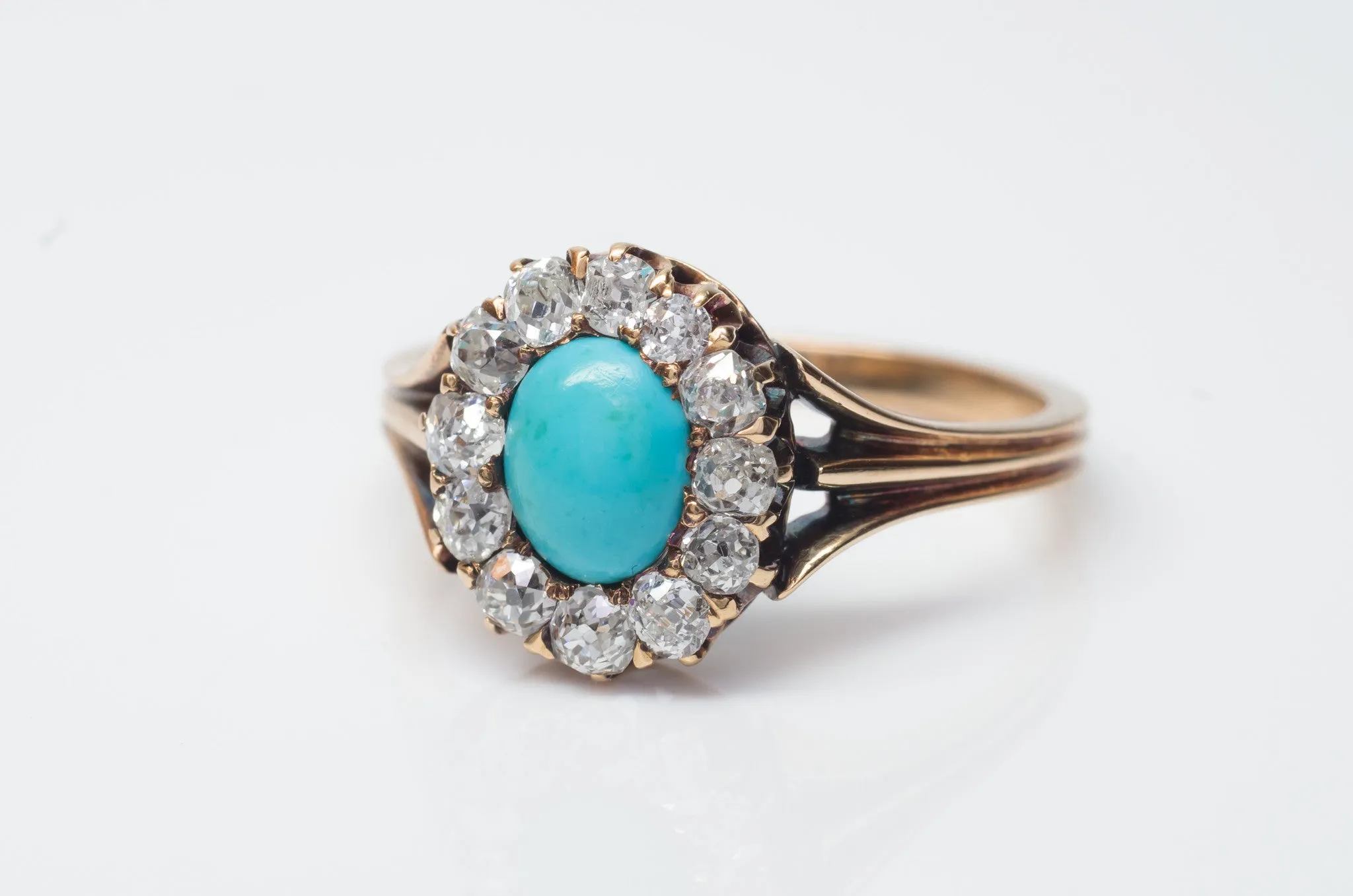 VICTORIAN TURQUOISE AND OLD MINE CUT DIAMOND HALO RING