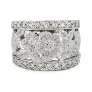 Vintage 18K White Gold Diamond Flowers Wide Band Ring 0.44 cttw Size 6.5