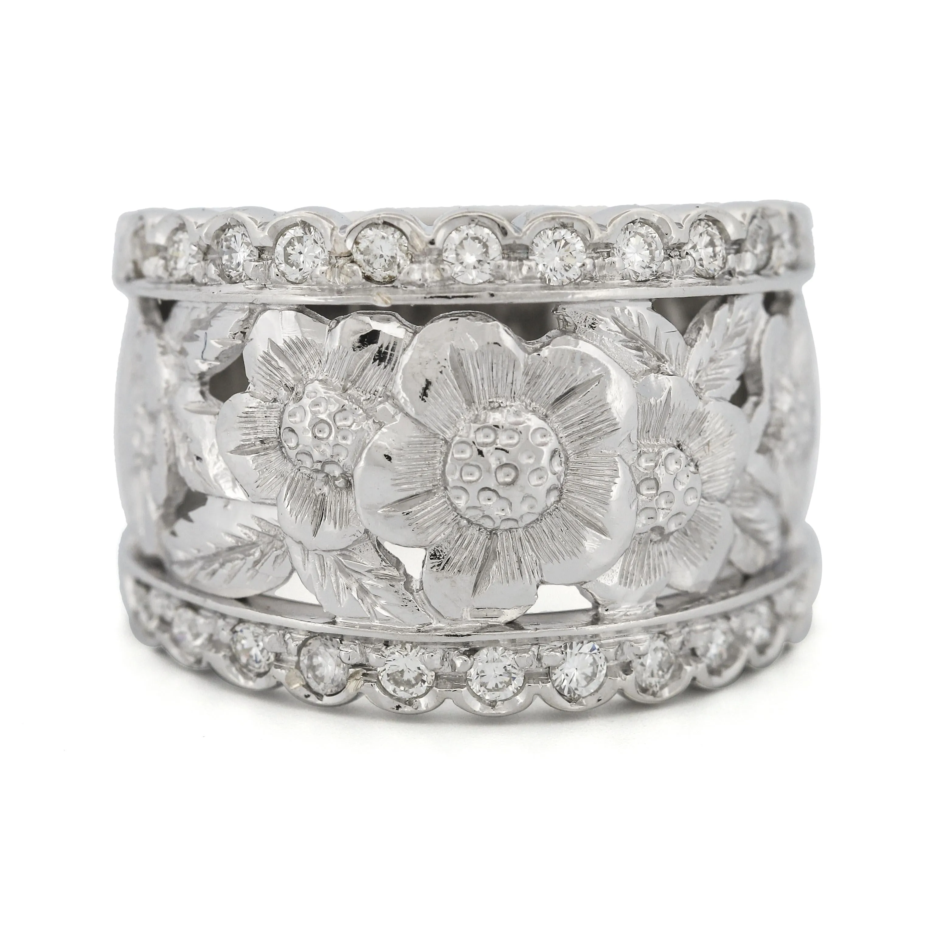 Vintage 18K White Gold Diamond Flowers Wide Band Ring 0.44 cttw Size 6.5