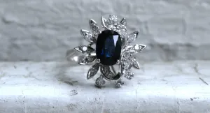 Vintage 18K White Gold Retro Diamond and Sapphire Cluster Engagement Ring -2.22ct.