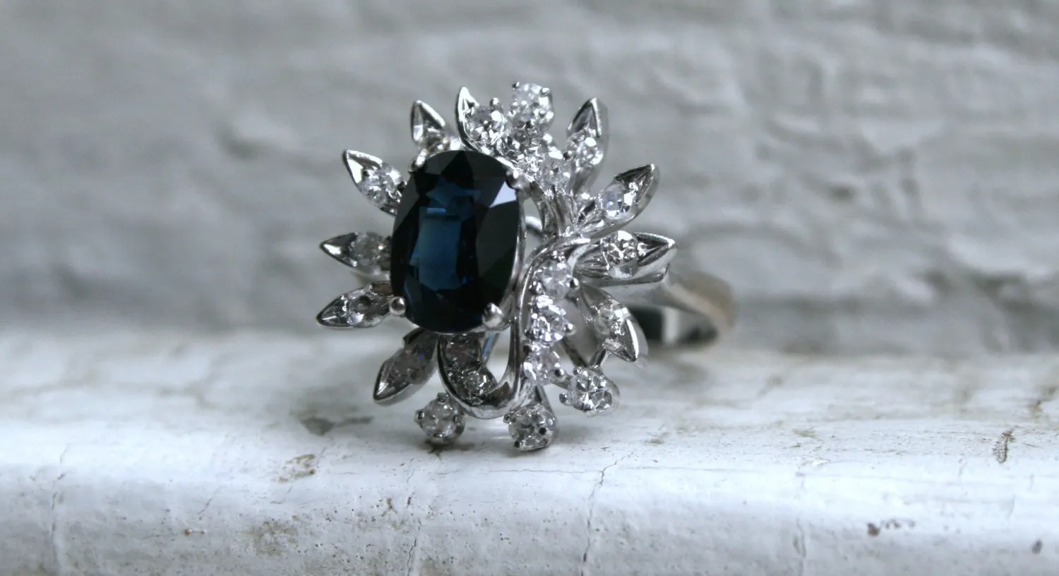 Vintage 18K White Gold Retro Diamond and Sapphire Cluster Engagement Ring -2.22ct.