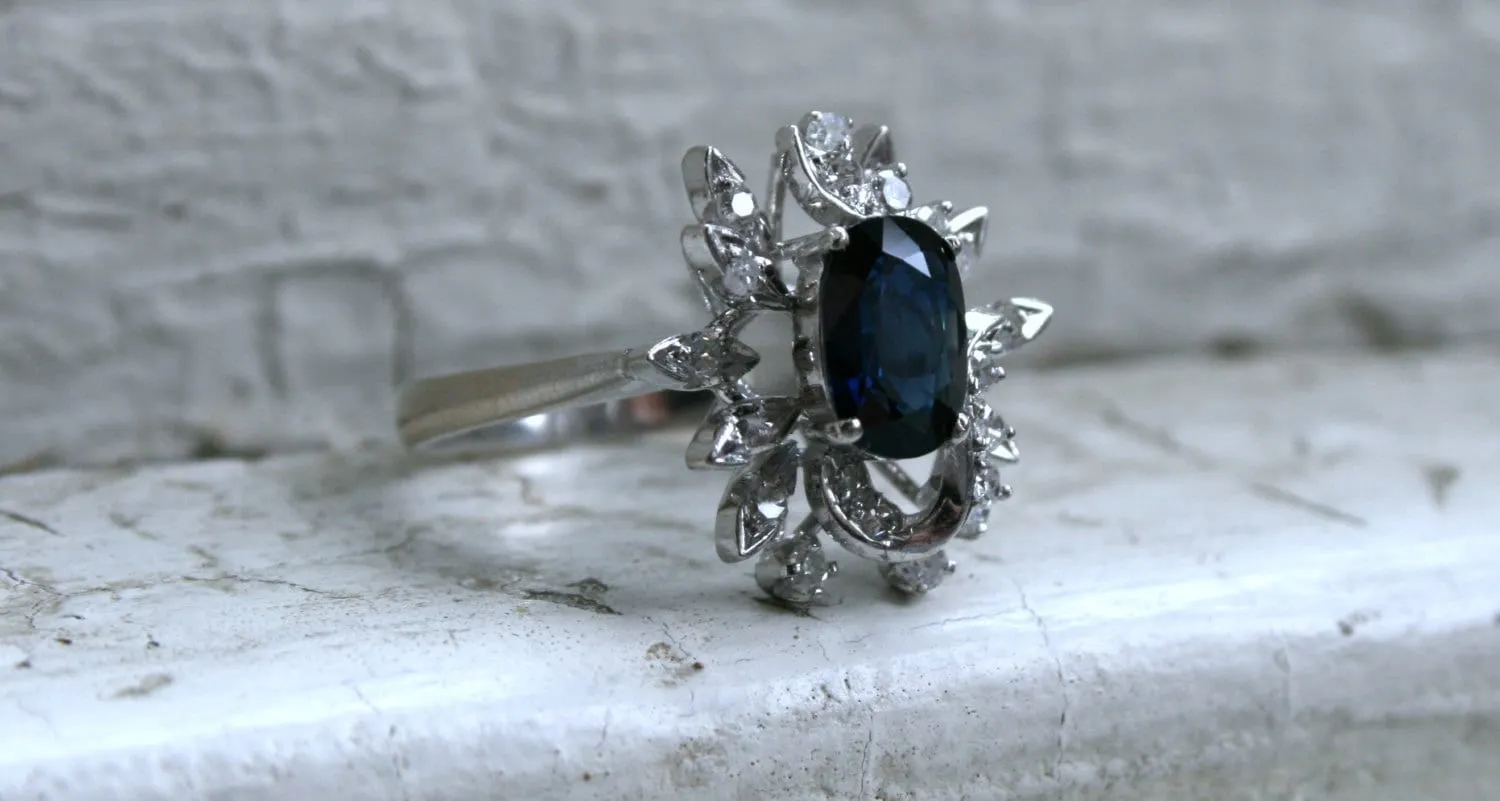 Vintage 18K White Gold Retro Diamond and Sapphire Cluster Engagement Ring -2.22ct.