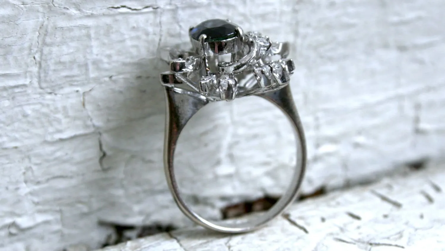 Vintage 18K White Gold Retro Diamond and Sapphire Cluster Engagement Ring -2.22ct.