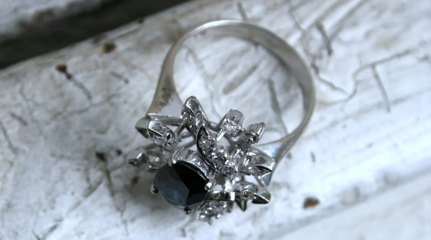 Vintage 18K White Gold Retro Diamond and Sapphire Cluster Engagement Ring -2.22ct.