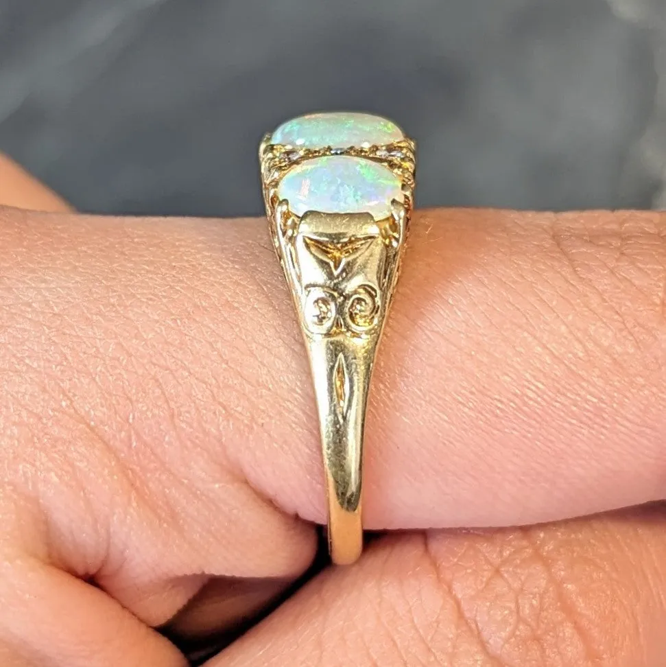 Vintage 1998 Opal Diamond 18 Karat Gold Scrolling Three Stone Ring