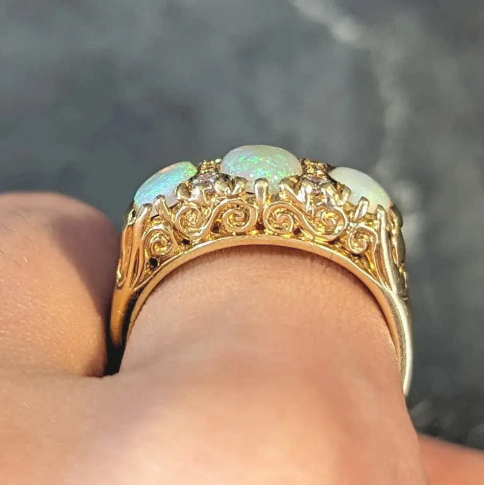 Vintage 1998 Opal Diamond 18 Karat Gold Scrolling Three Stone Ring