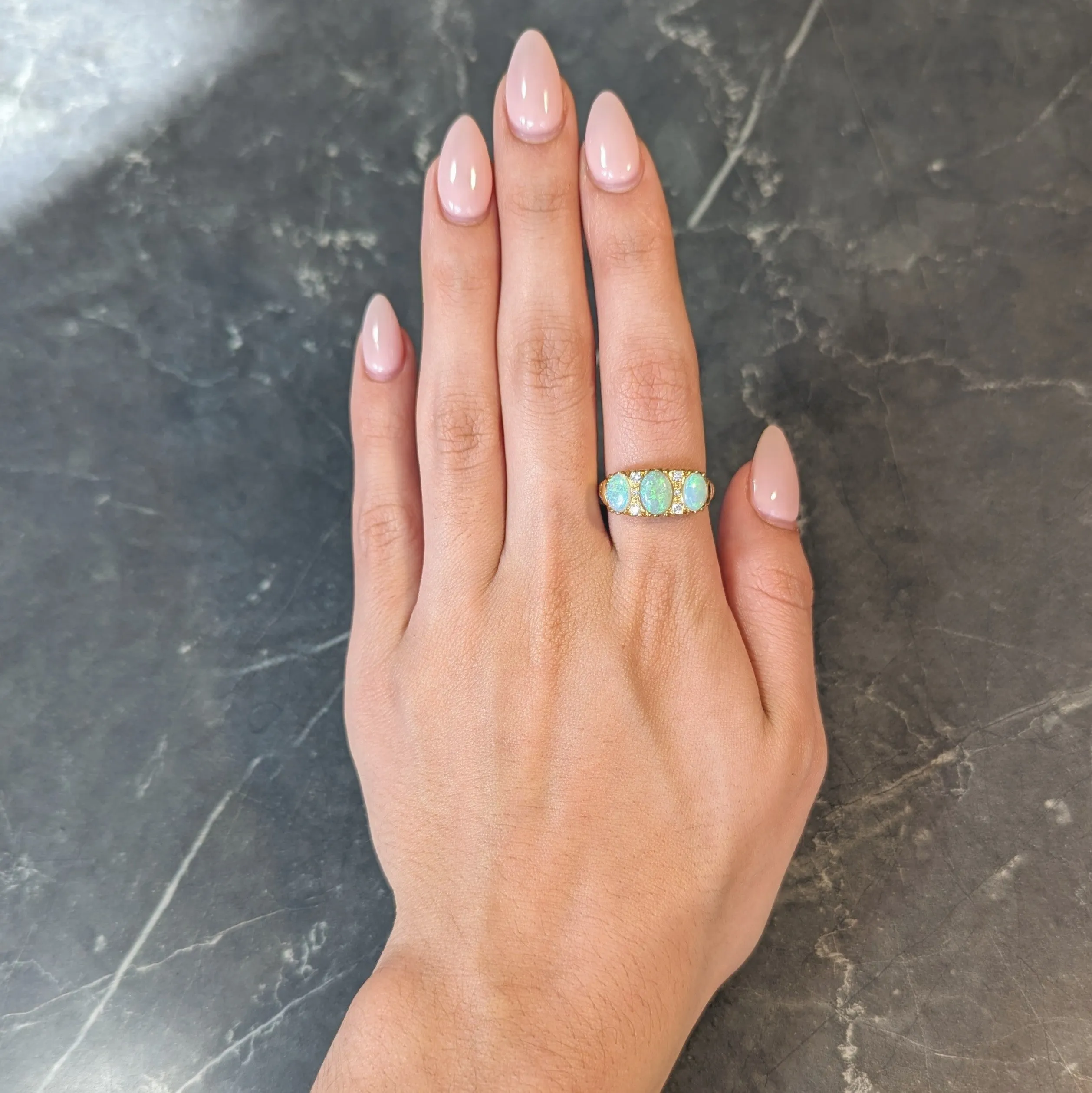 Vintage 1998 Opal Diamond 18 Karat Gold Scrolling Three Stone Ring