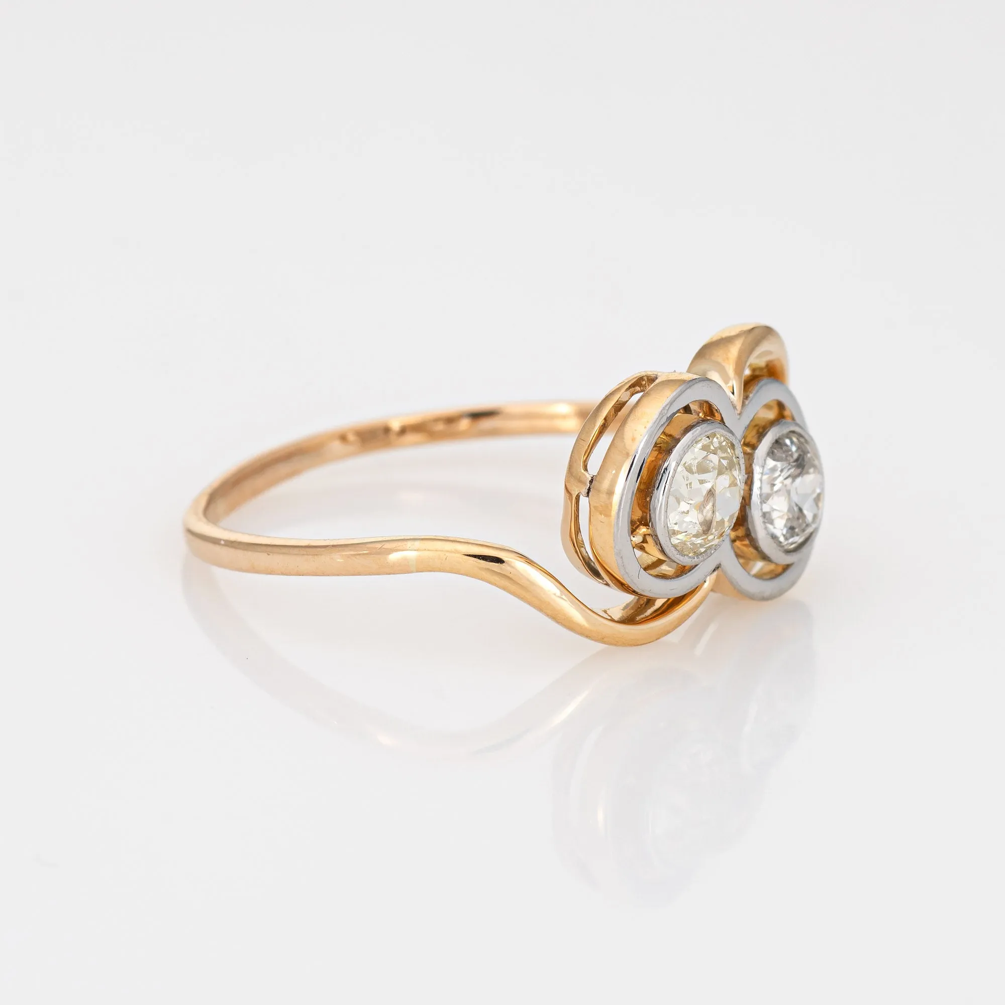 Vintage Art Deco Double Diamond Ring Toi et Moi Old Mine Cuts 14k Yellow Gold
