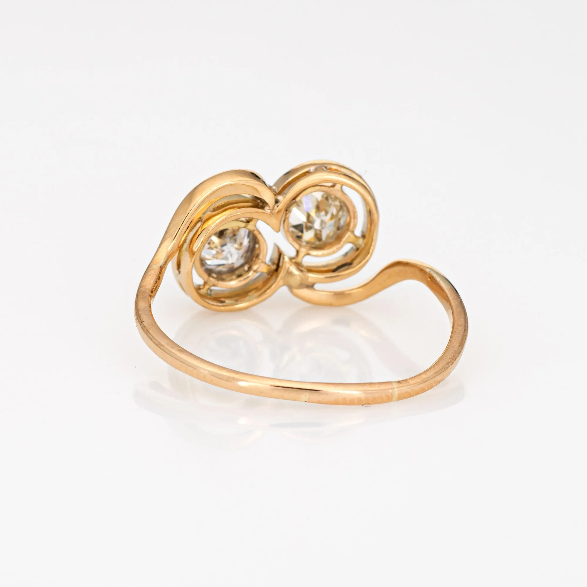 Vintage Art Deco Double Diamond Ring Toi et Moi Old Mine Cuts 14k Yellow Gold