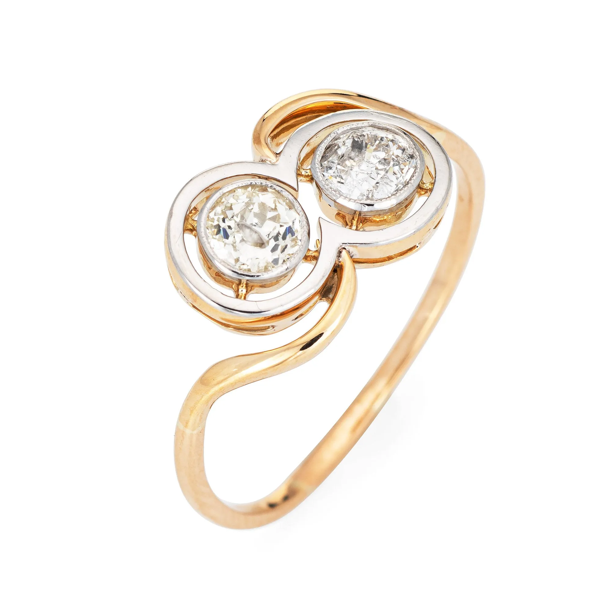 Vintage Art Deco Double Diamond Ring Toi et Moi Old Mine Cuts 14k Yellow Gold