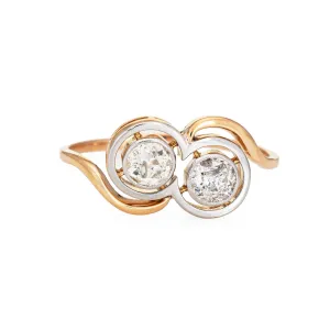 Vintage Art Deco Double Diamond Ring Toi et Moi Old Mine Cuts 14k Yellow Gold