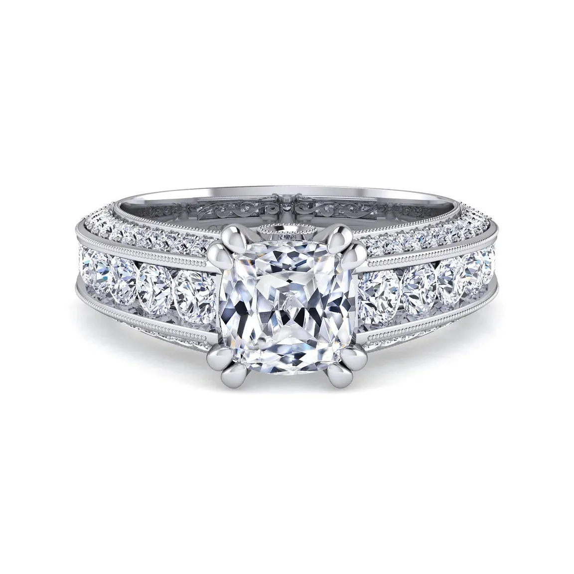 Vintage Inspired Cushion Cut Wide Band Diamond Engagement Ring Mounting