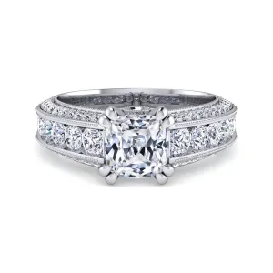 Vintage Inspired Cushion Cut Wide Band Diamond Engagement Ring Mounting