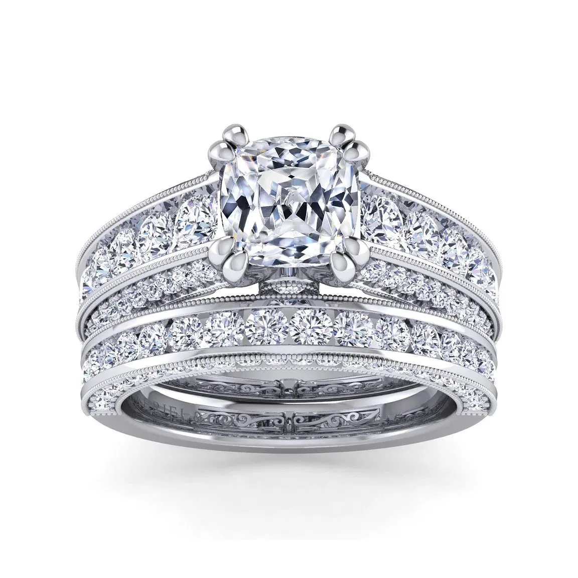 Vintage Inspired Cushion Cut Wide Band Diamond Engagement Ring Mounting