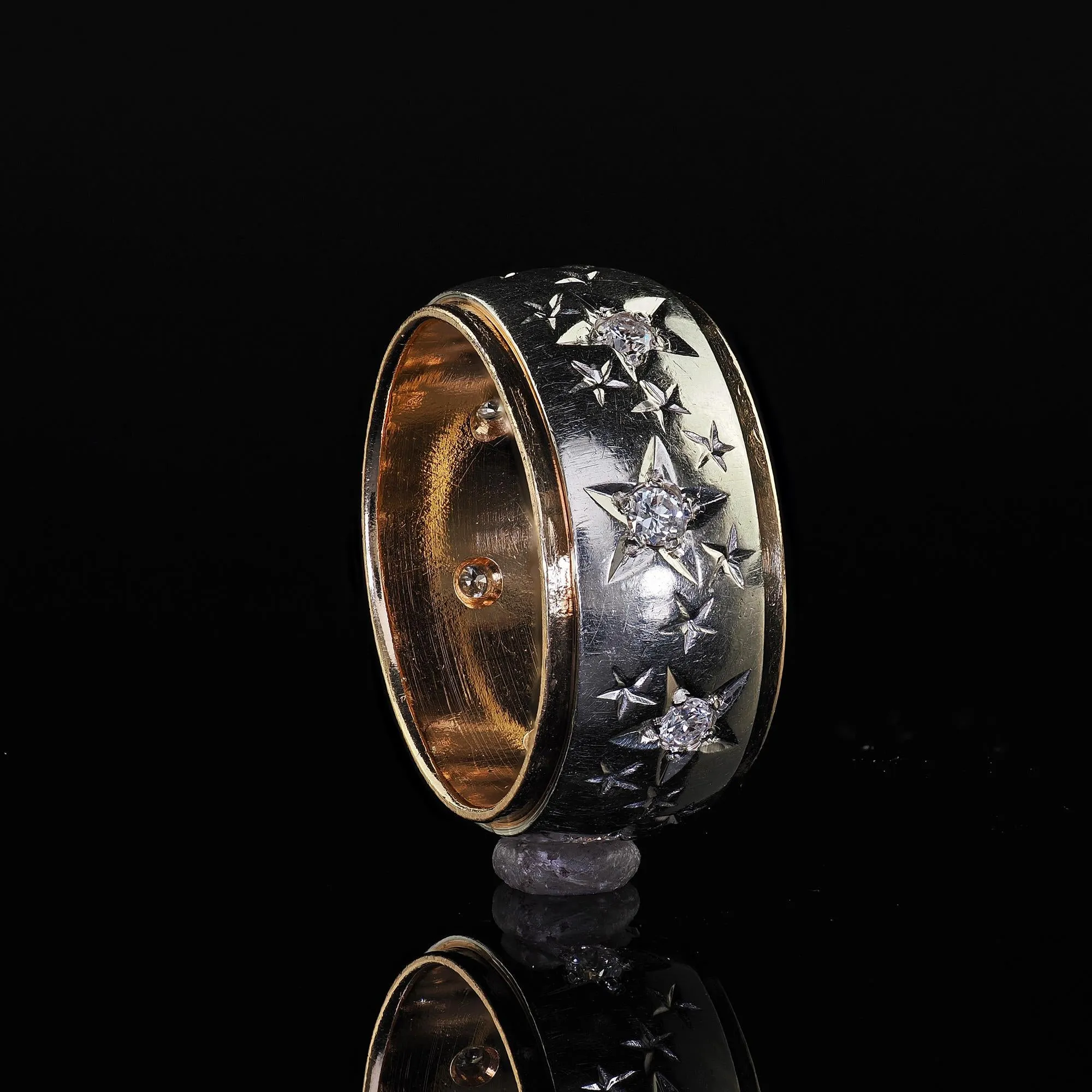 Vintage Retro 14K Two Tone Diamond Star Set Wide Wedding Band - Size 5