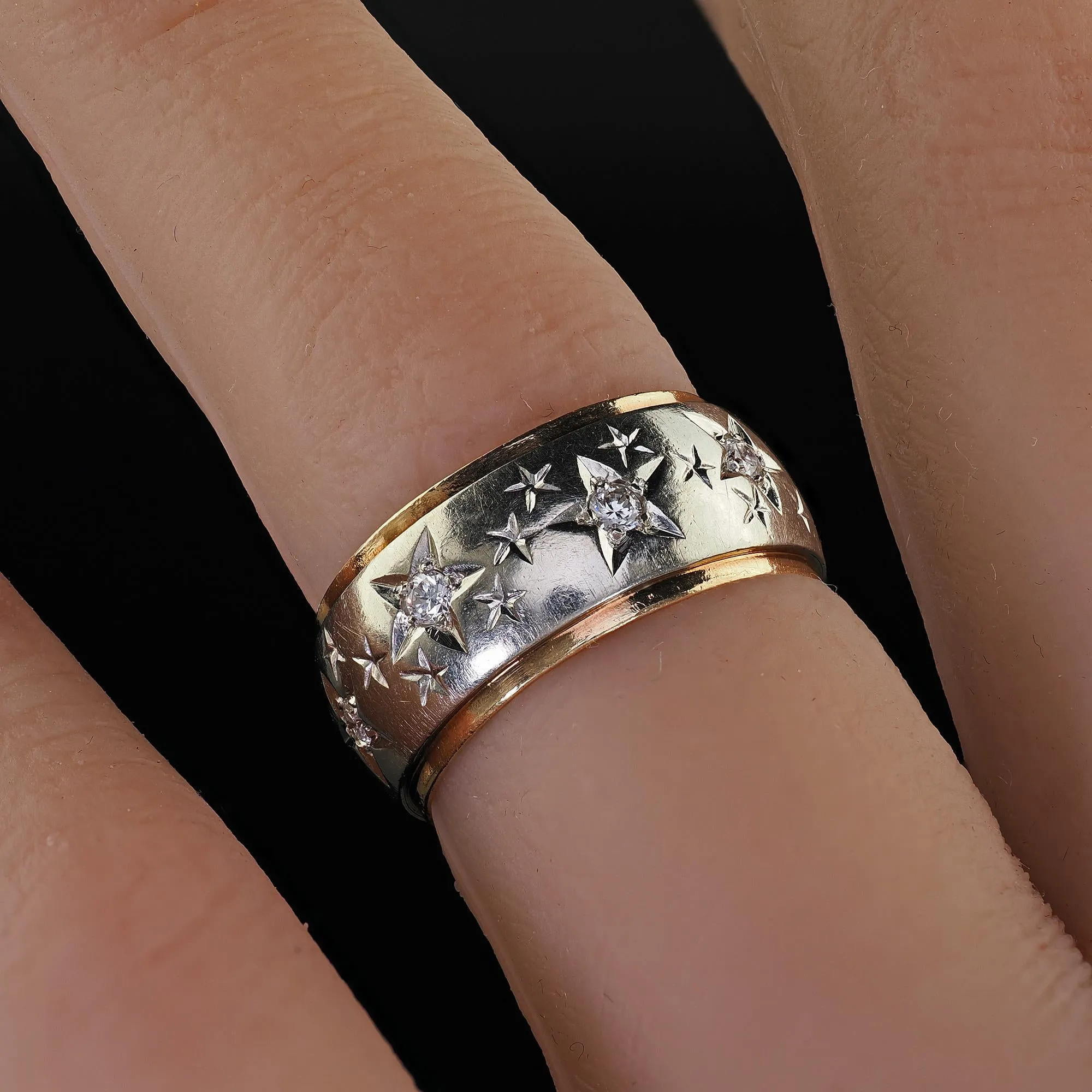 Vintage Retro 14K Two Tone Diamond Star Set Wide Wedding Band - Size 5