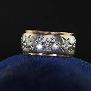 Vintage Retro 14K Two Tone Diamond Star Set Wide Wedding Band - Size 5
