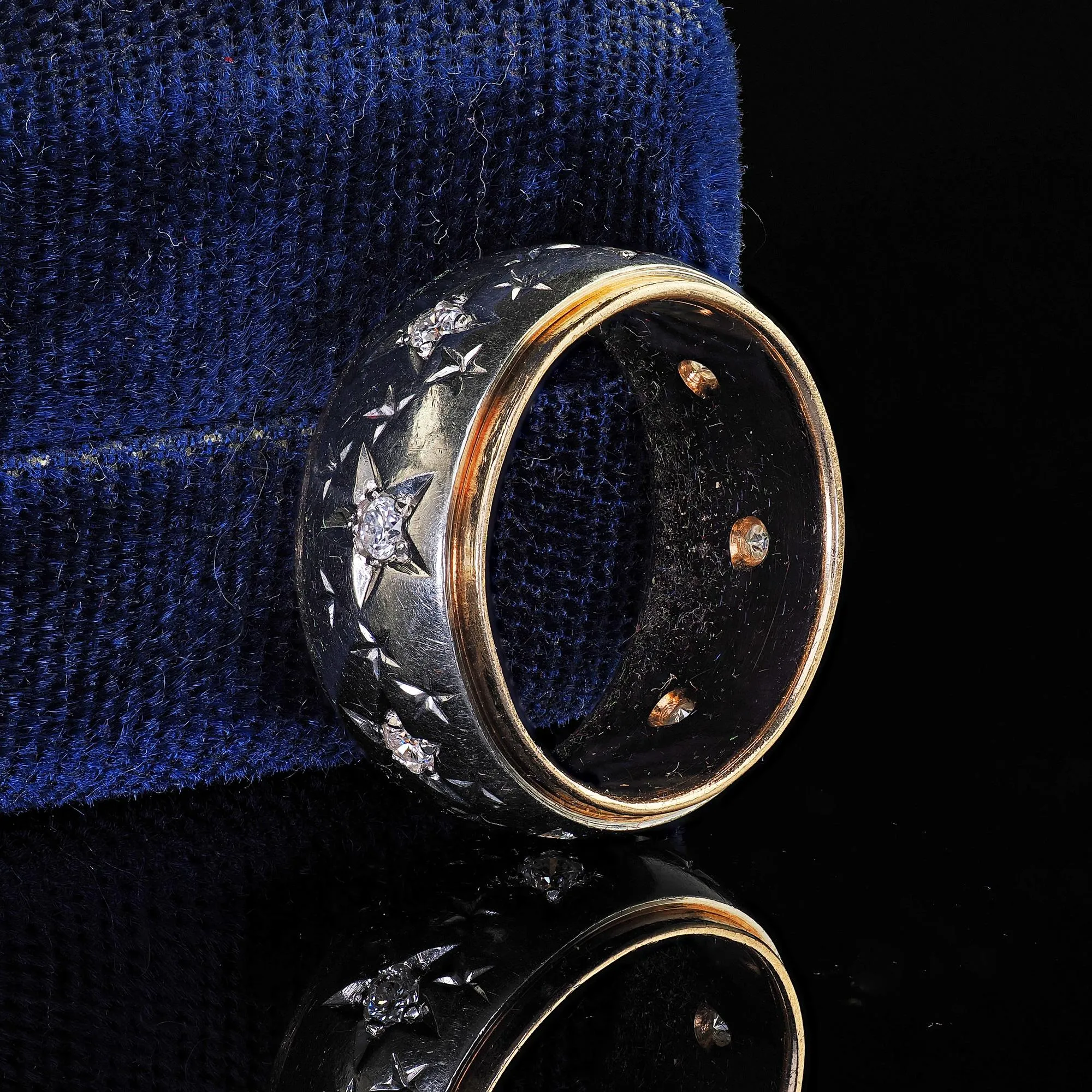 Vintage Retro 14K Two Tone Diamond Star Set Wide Wedding Band - Size 5