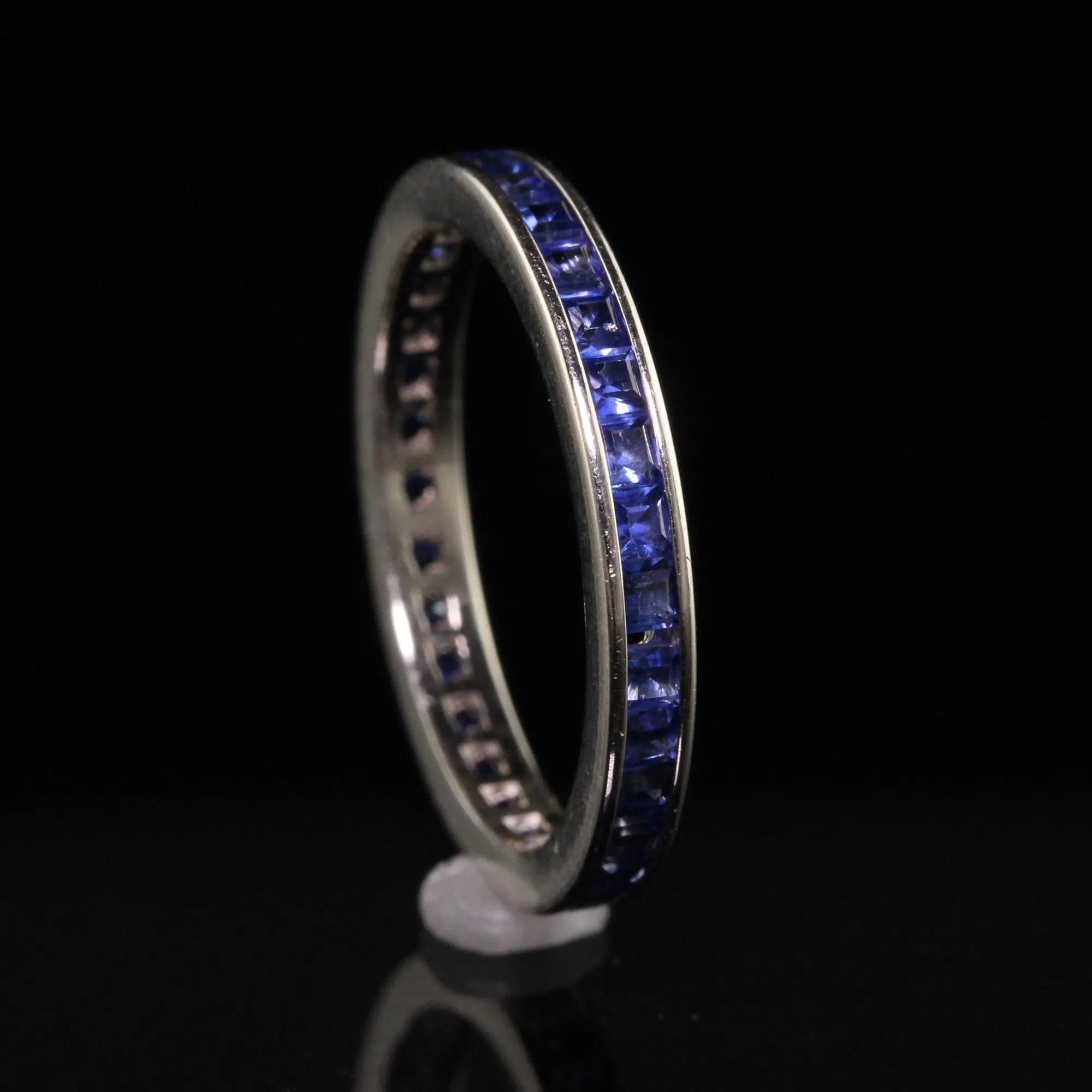 Vintage Retro 14K White Gold Square Cut Sapphire Wedding Eternity Band - Size 7