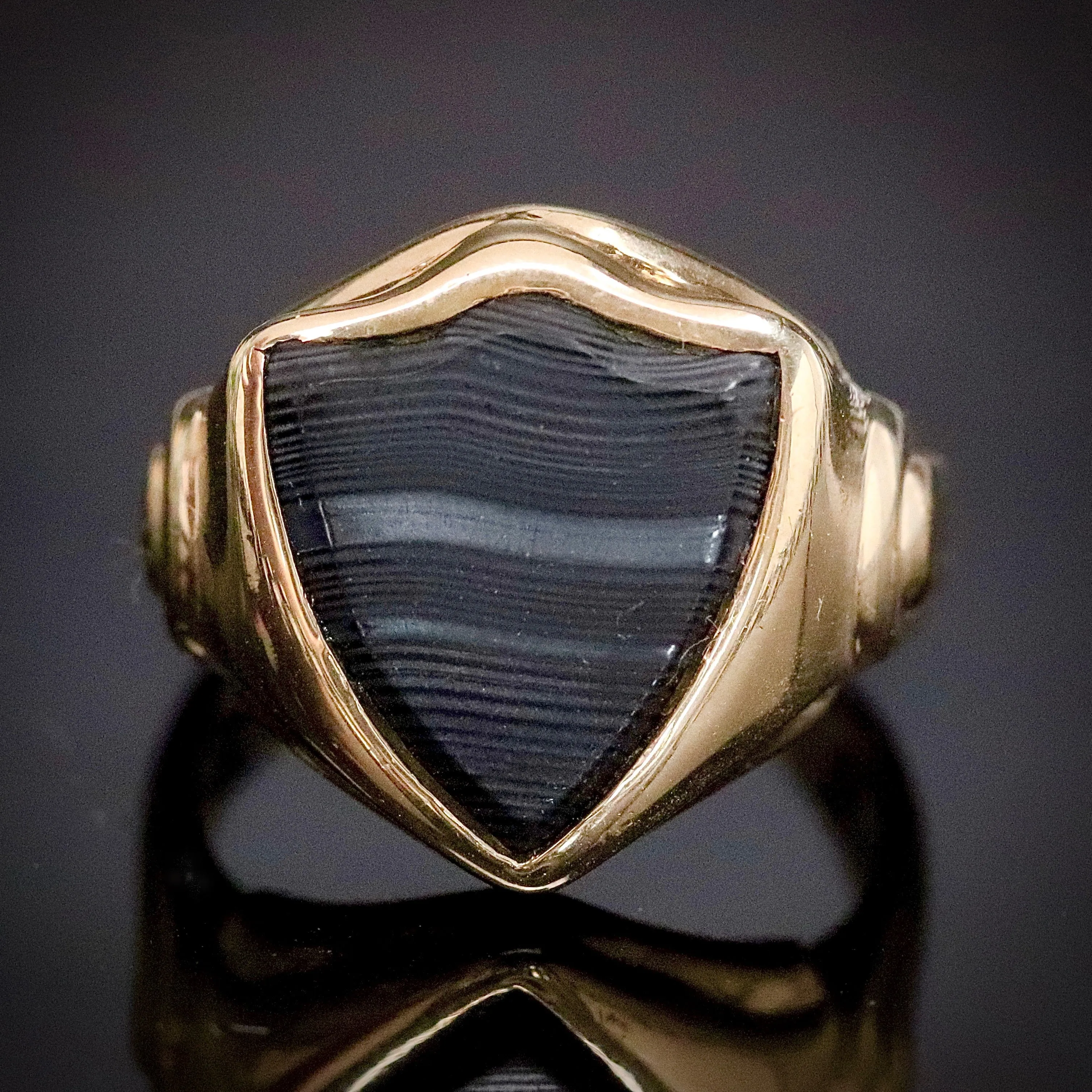 Vintage shield shaped banded agate (onyx family) ring in yellow gold