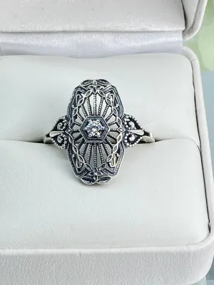 Vintage Style CZ Ring, Size 10, Round Gem, Debut, Victorian Sterling Silver Filigree, D588 - Ready to Ship