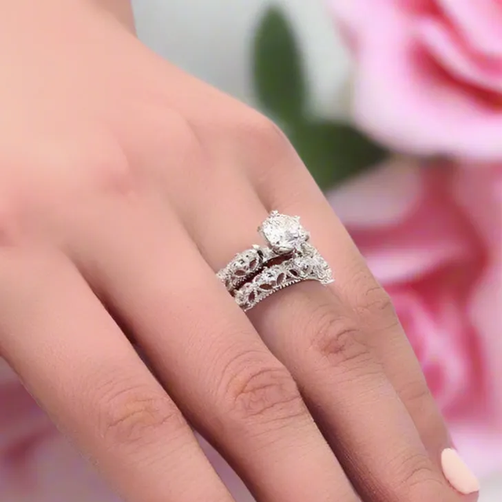 Vintage Style Victorian Art Deco 1.25 Ct Diamond 2-Pcs Engagement Ring Set