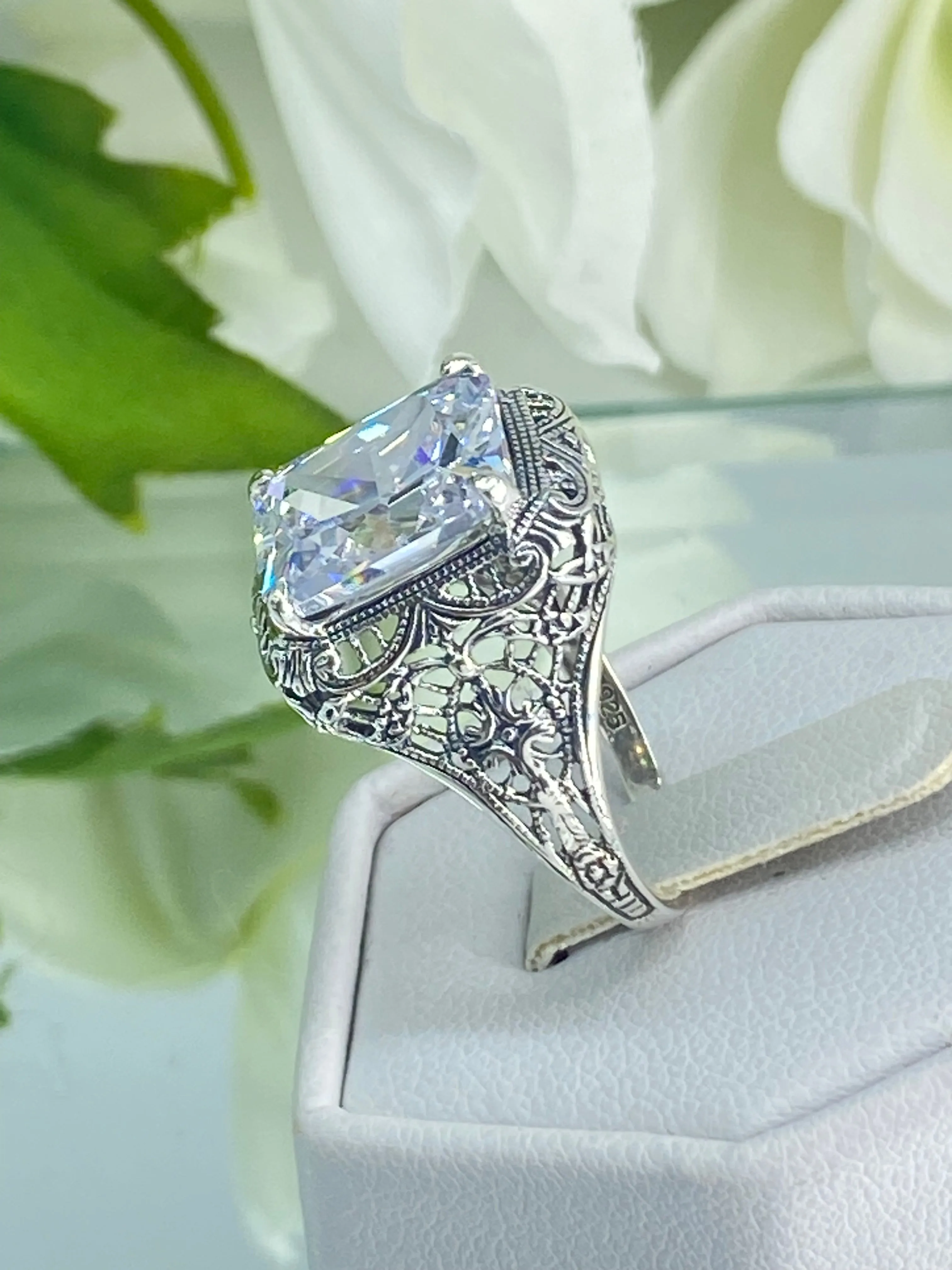 White CZ Ring, Size 8, 5ct Rectangle Gem, Vintage Jewelry #D200 - Ready to Ship