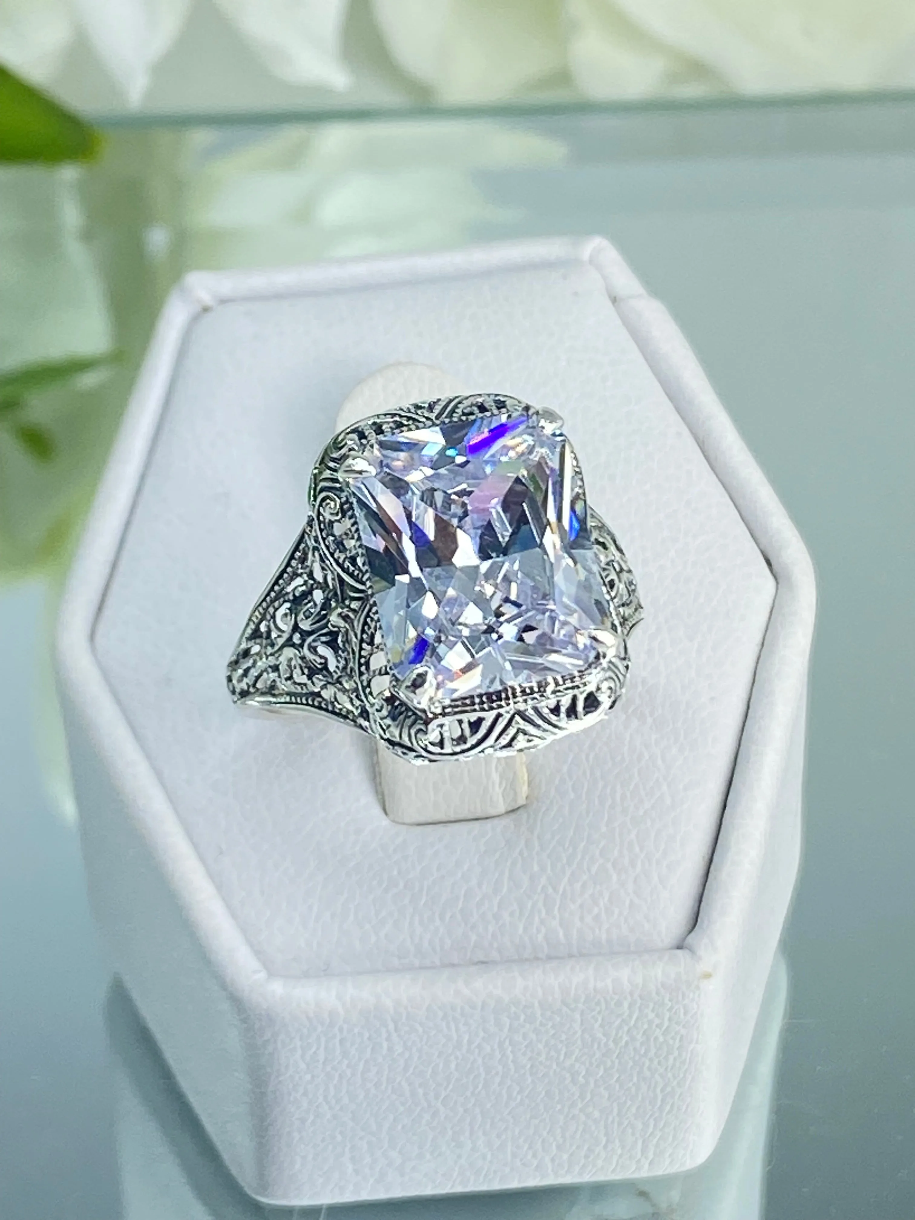 White CZ Ring, Size 8, 5ct Rectangle Gem, Vintage Jewelry #D200 - Ready to Ship